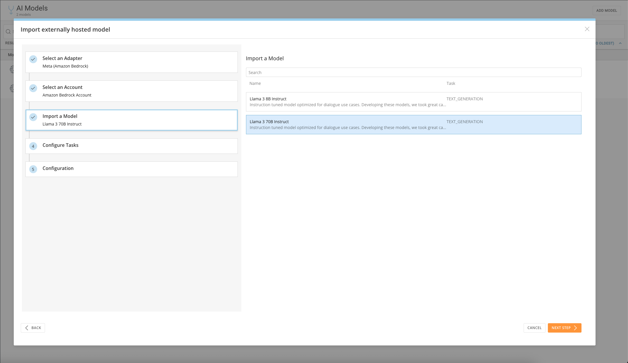 Model selection screen showing Llama 3 70B Instruct