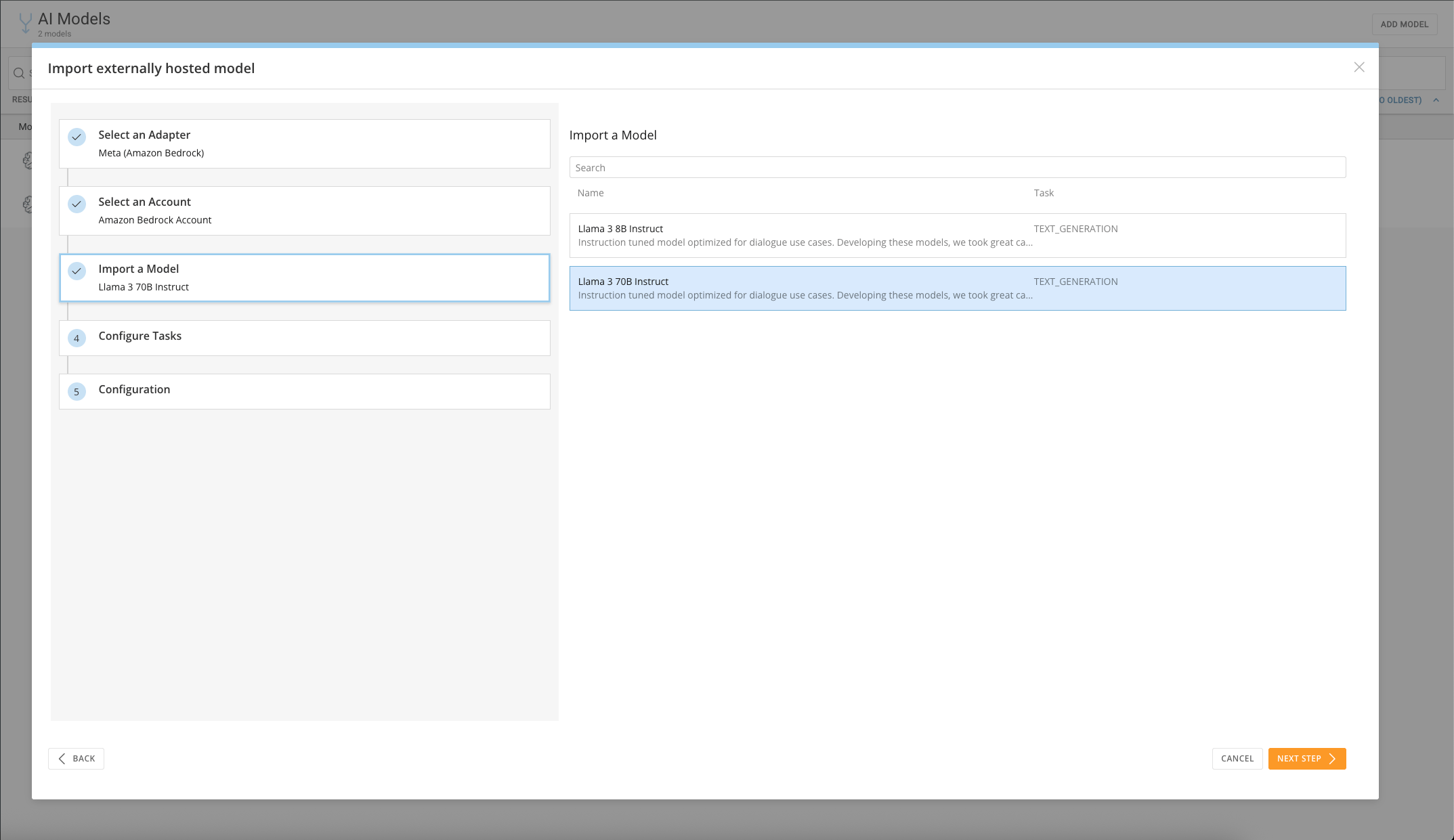 Model selection screen showing Llama 3 70B Instruct