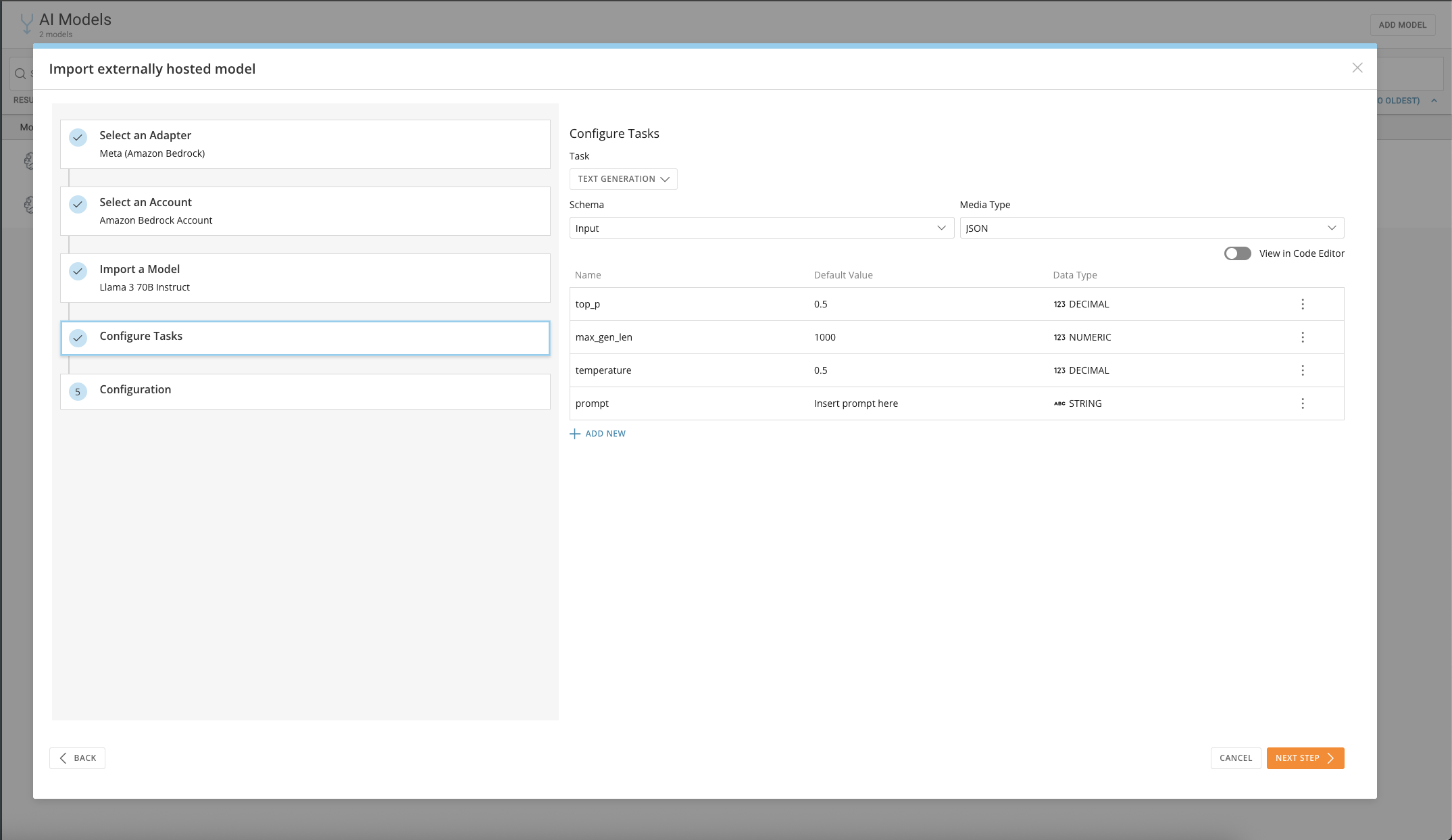 Task configuration screen with input and output schema fields