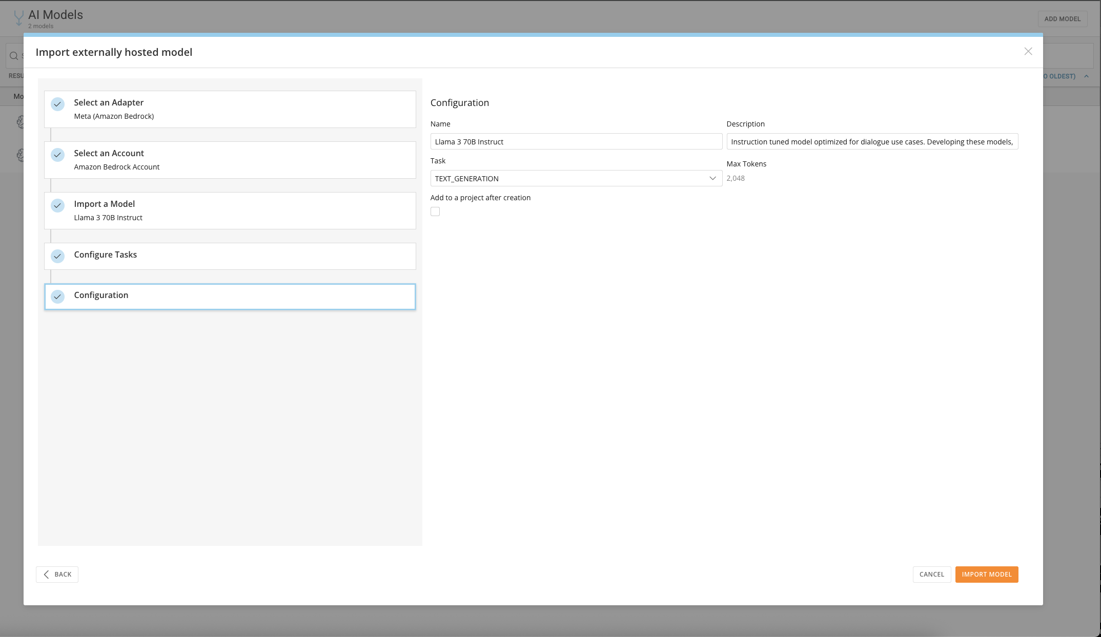 Final configuration screen before importing the model