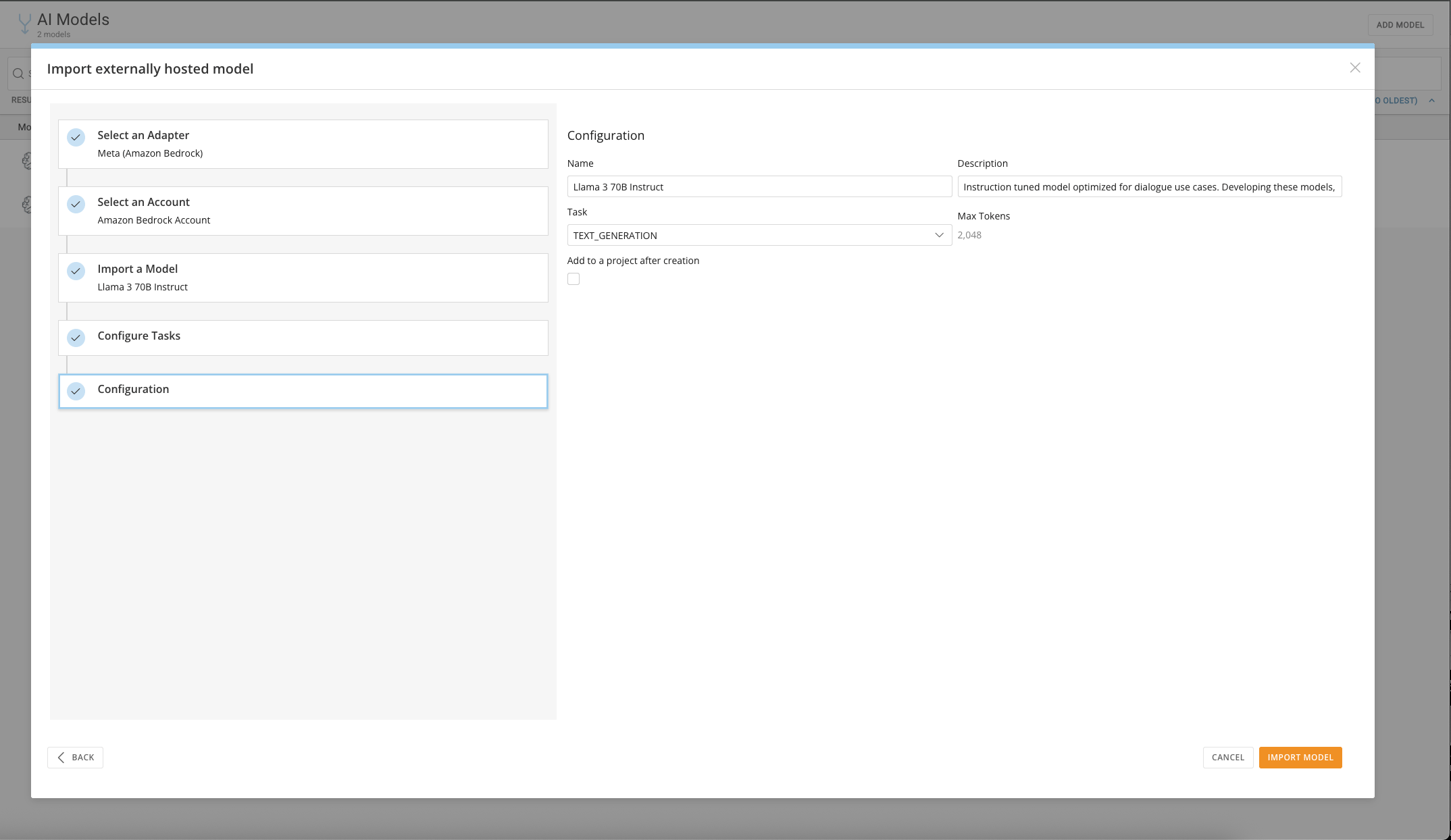 Final configuration screen before importing the model
