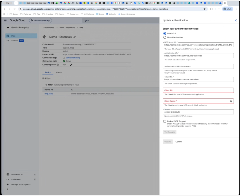 Google Cloud data store authentication panel with OAuth 2.0 fields for the MCP Server URL, Authorization URL, Token URL, Client ID, Client Secret, and Scopes