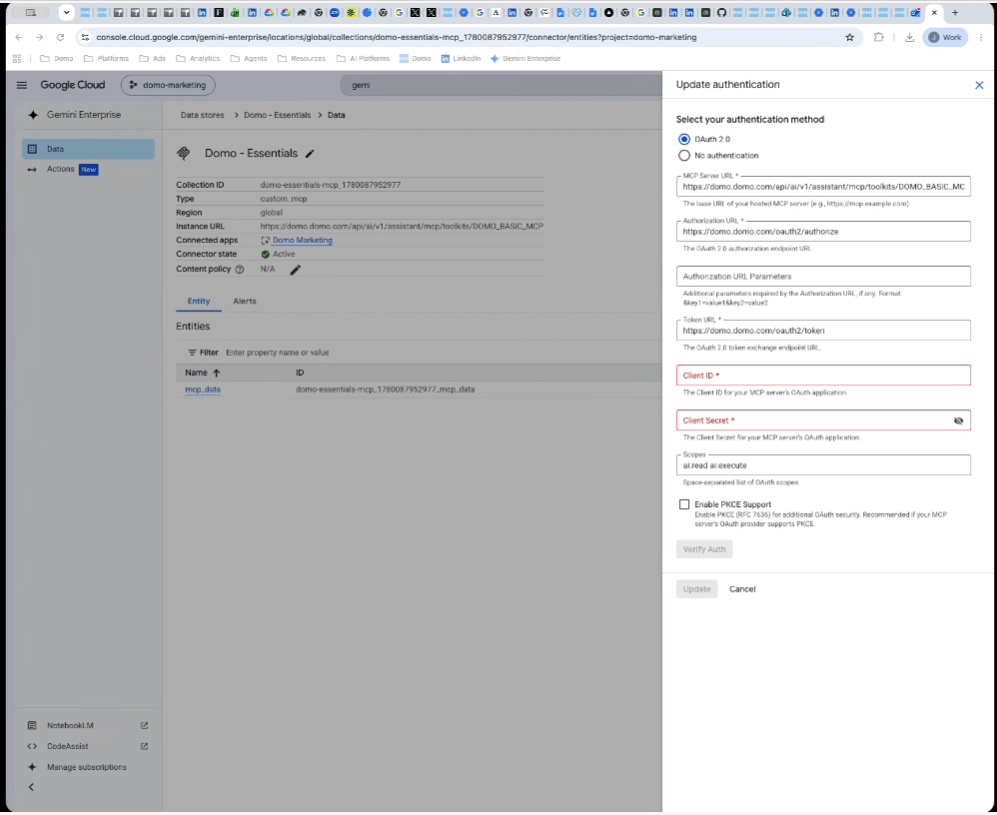 Google Cloud data store authentication panel with OAuth 2.0 fields for the MCP Server URL, Authorization URL, Token URL, Client ID, Client Secret, and Scopes