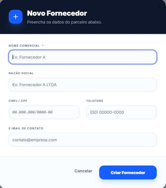 Tela de Fornecedores Novo