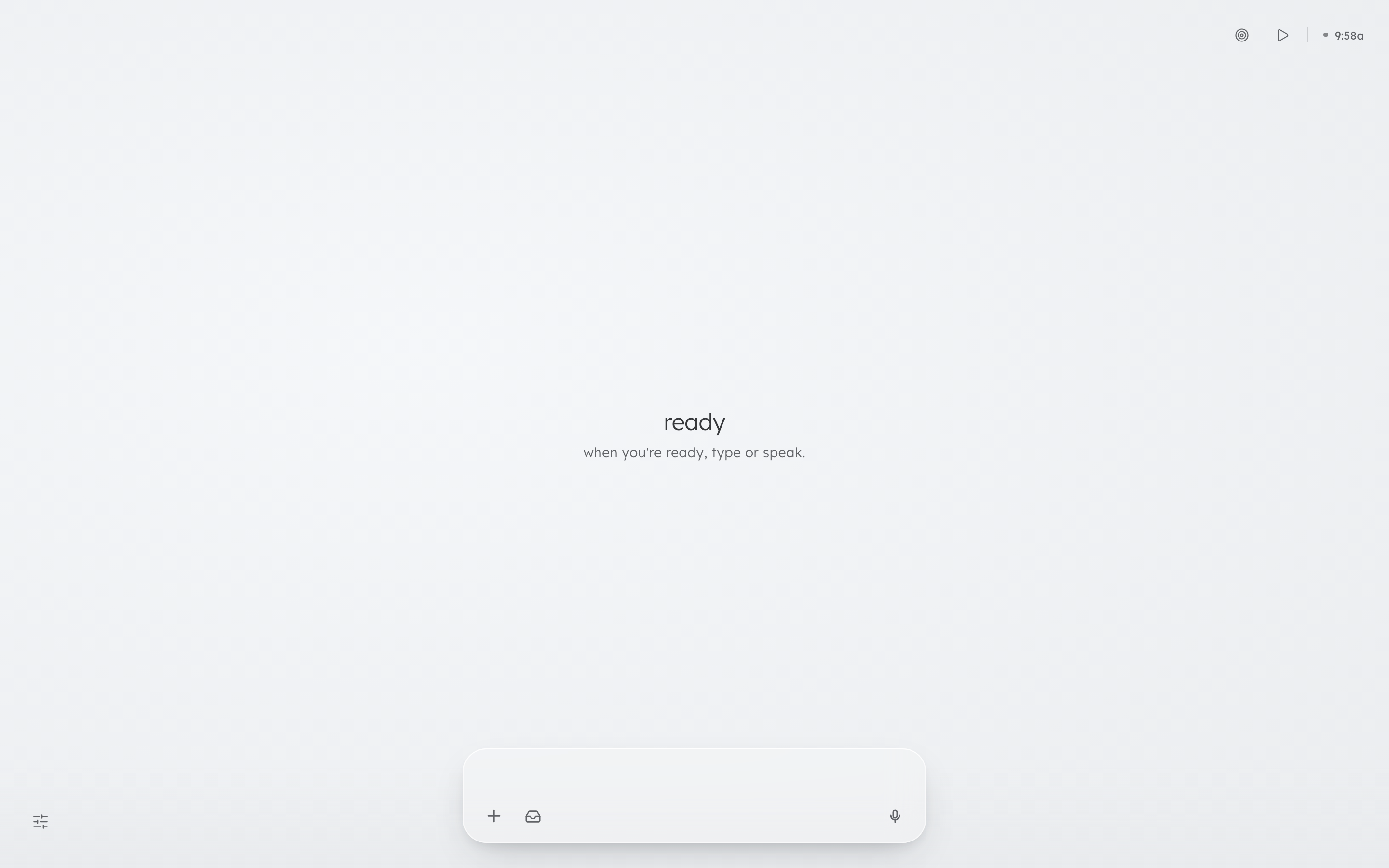 The resting canvas: the three verbs and the clock top-right, the command bar at the bottom.