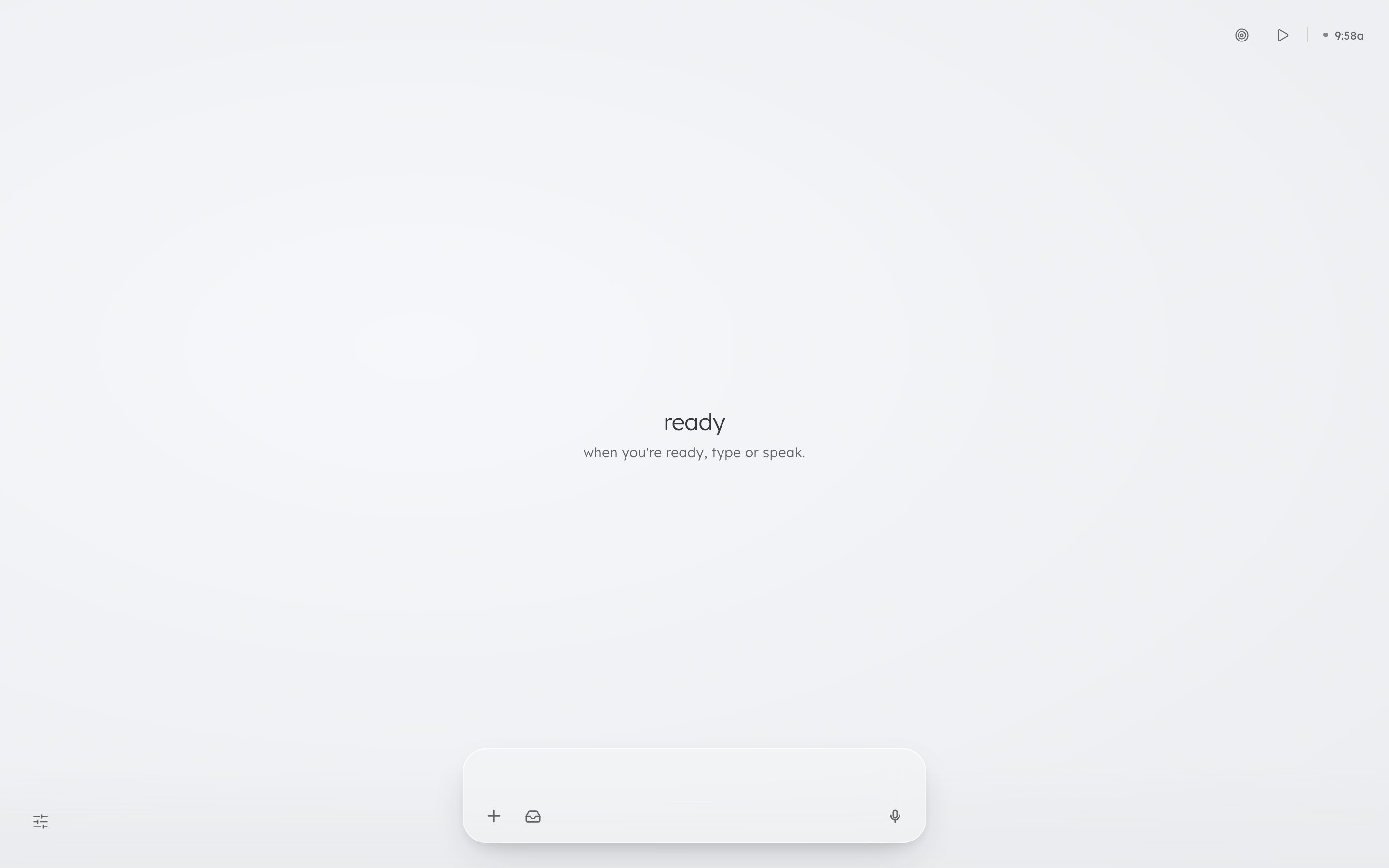 The resting canvas: the three verbs and the clock top-right, the command bar at the bottom.
