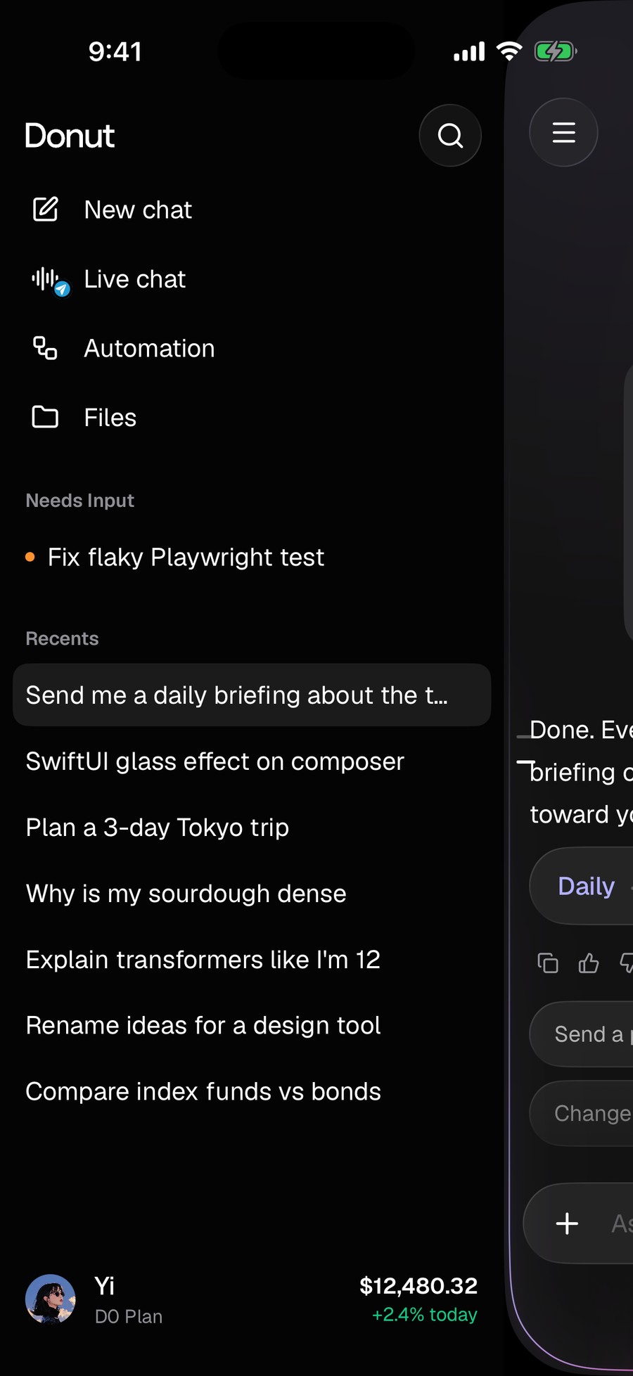 Chat drawer with recent threads