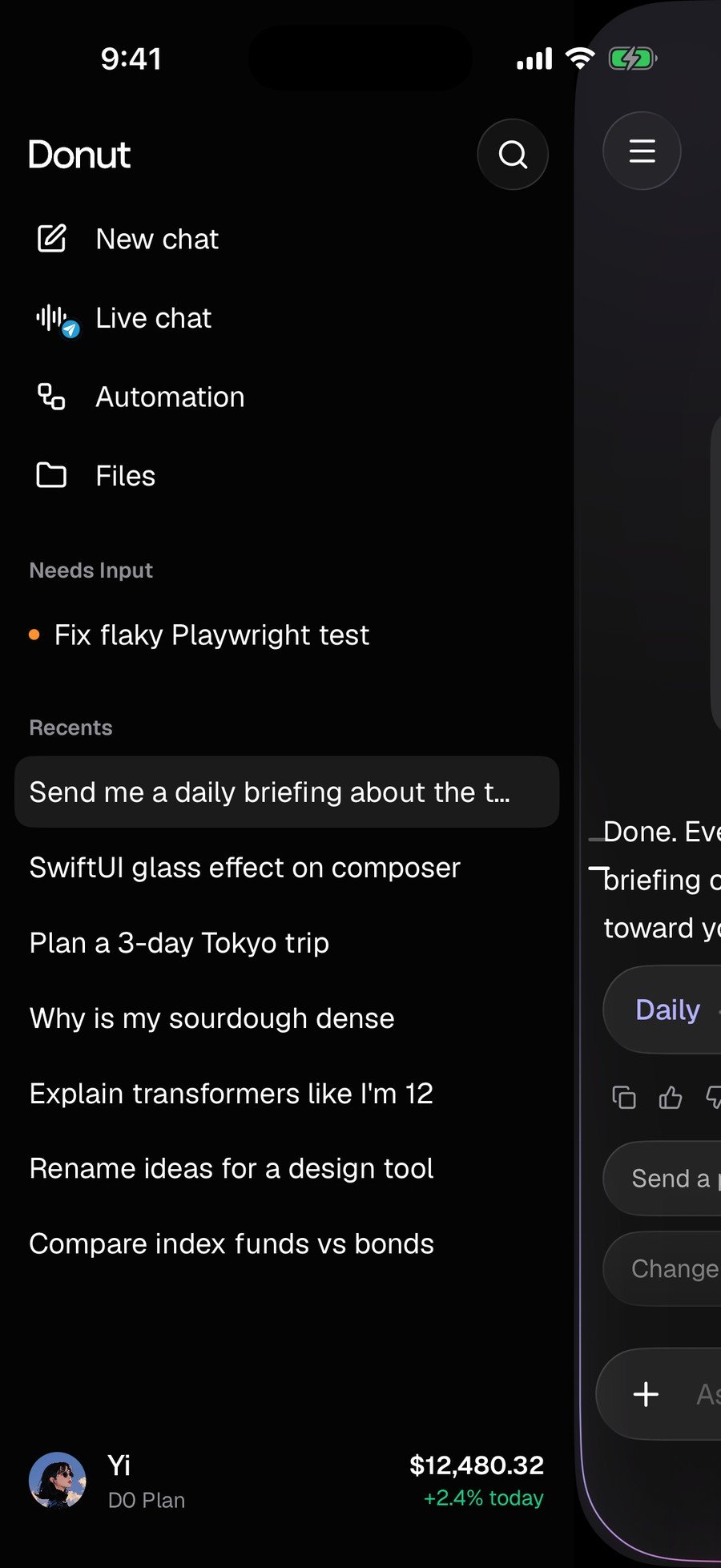 Chat drawer with recent threads