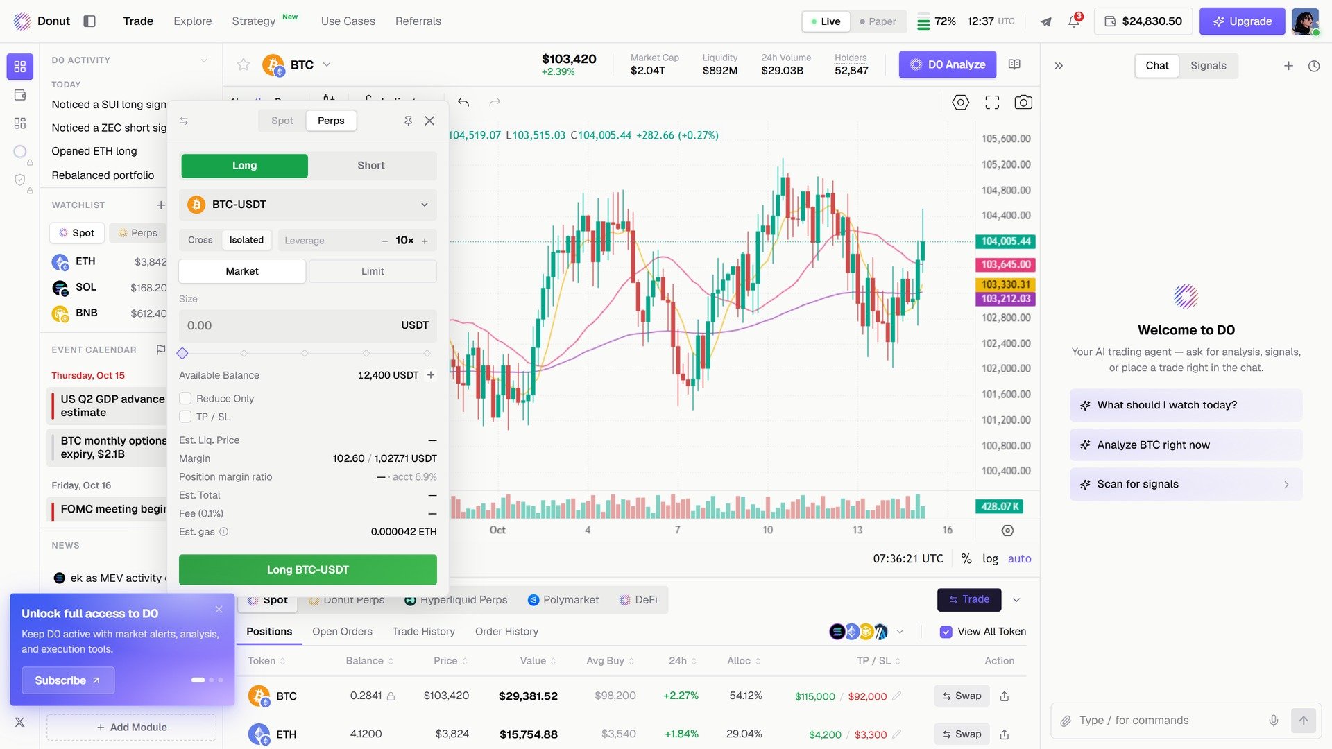 永续下单弹窗:Long/Short、Cross/Isolated、Leverage、Size、Reduce Only、TP/SL、Est. Liq. Price