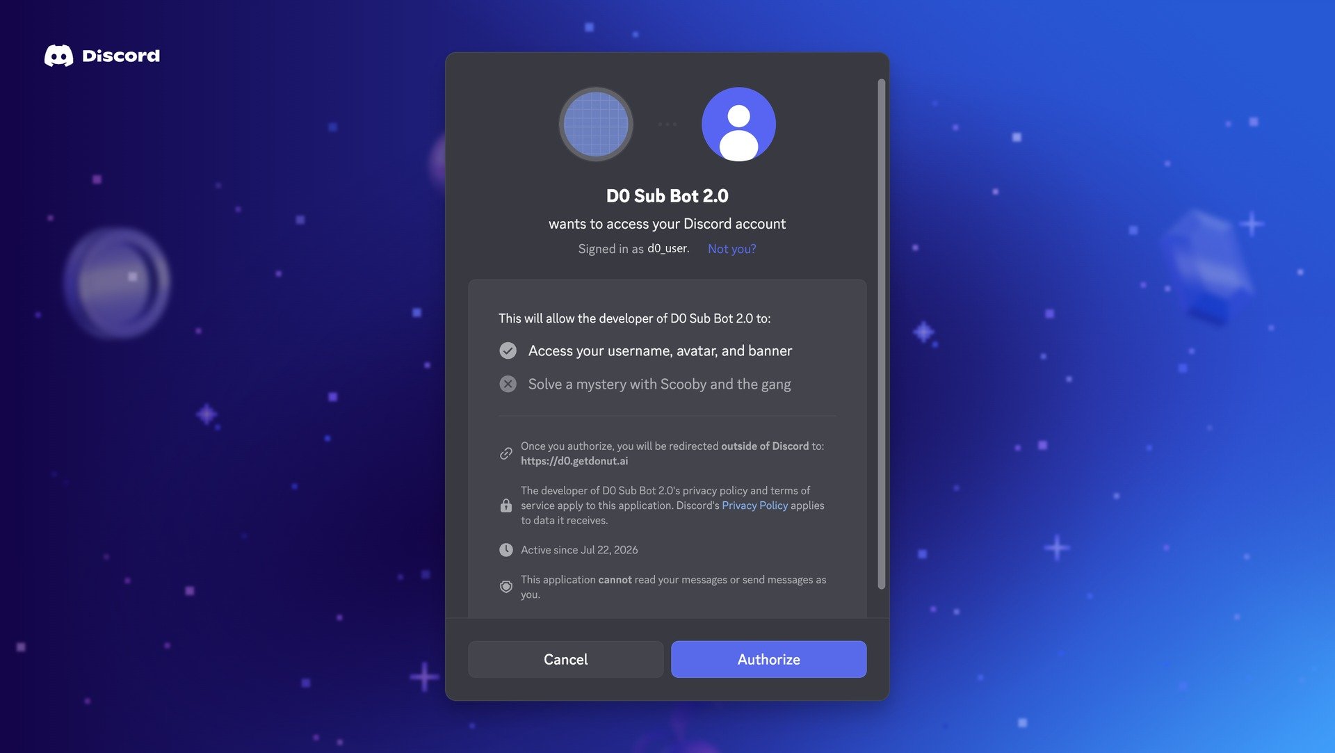 Discord authorization screen for D0 Sub Bot 2.0