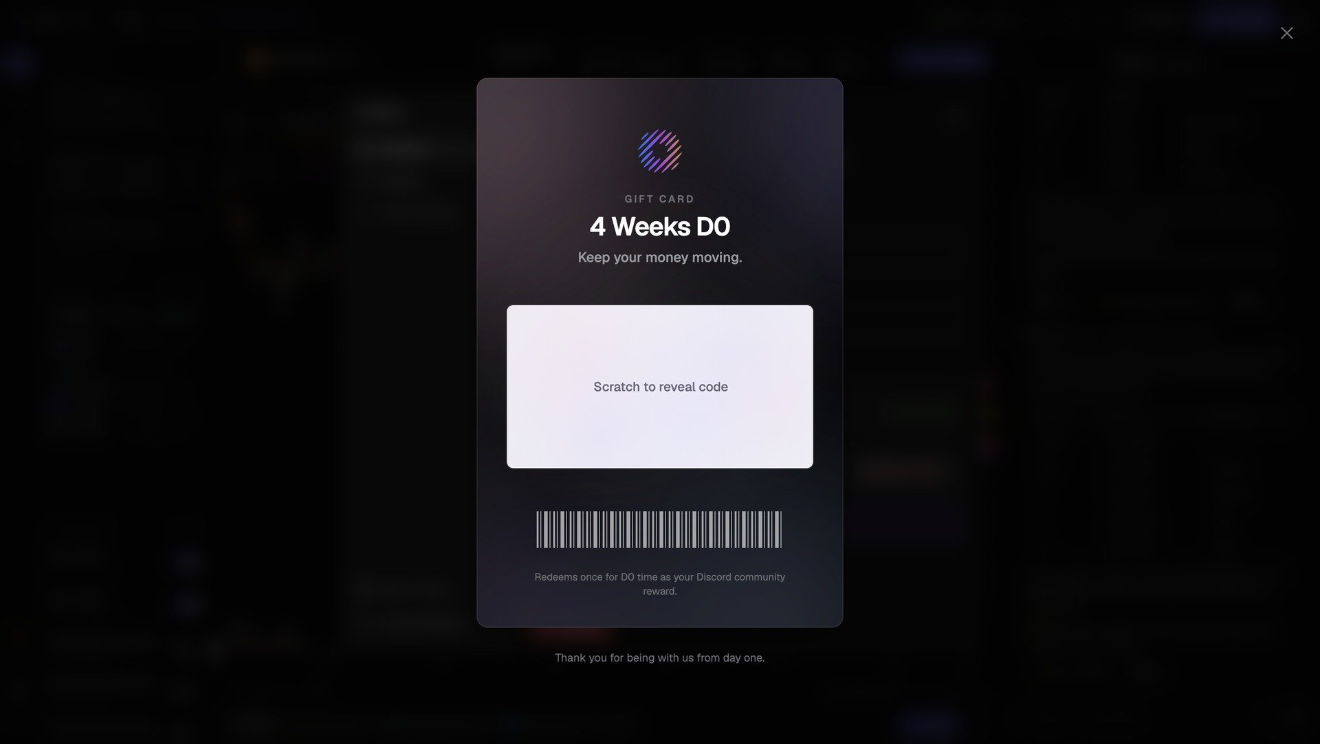 Gift card showing 4 Weeks D0 with a scratch-to-reveal code