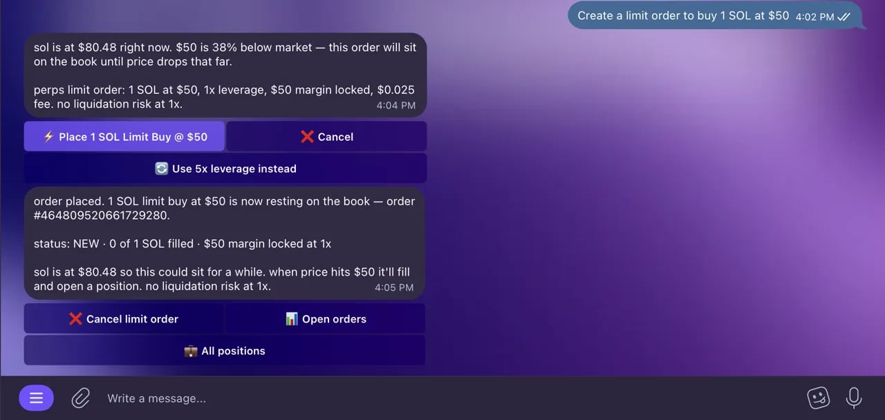Limit order set in Telegram
