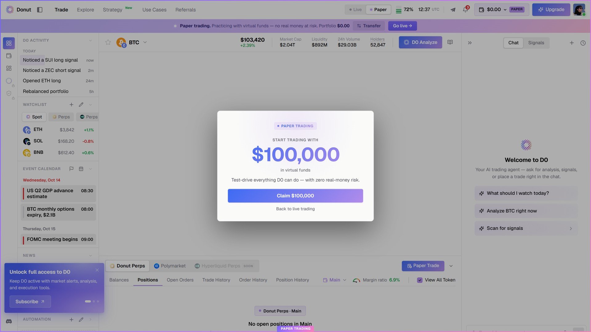 The Paper trading modal offering $100,000 in virtual funds