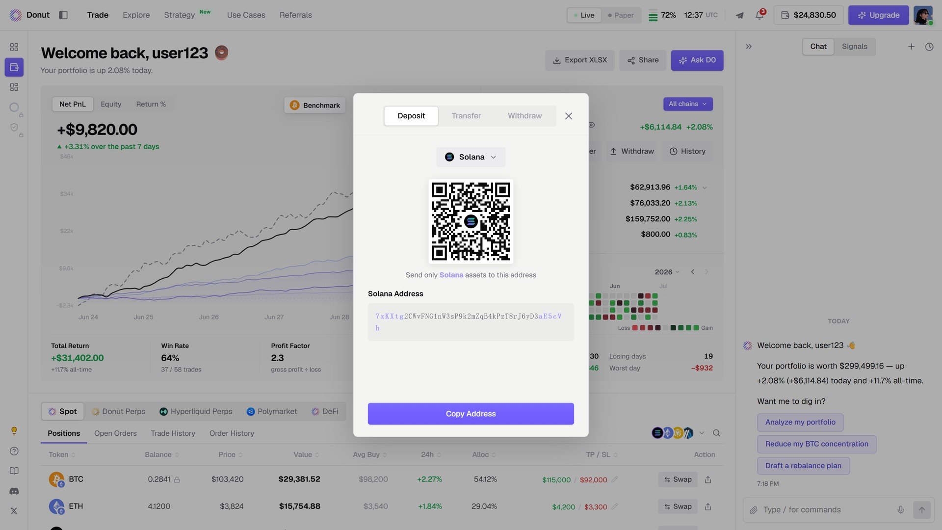 The Deposit modal with a Solana address and QR code