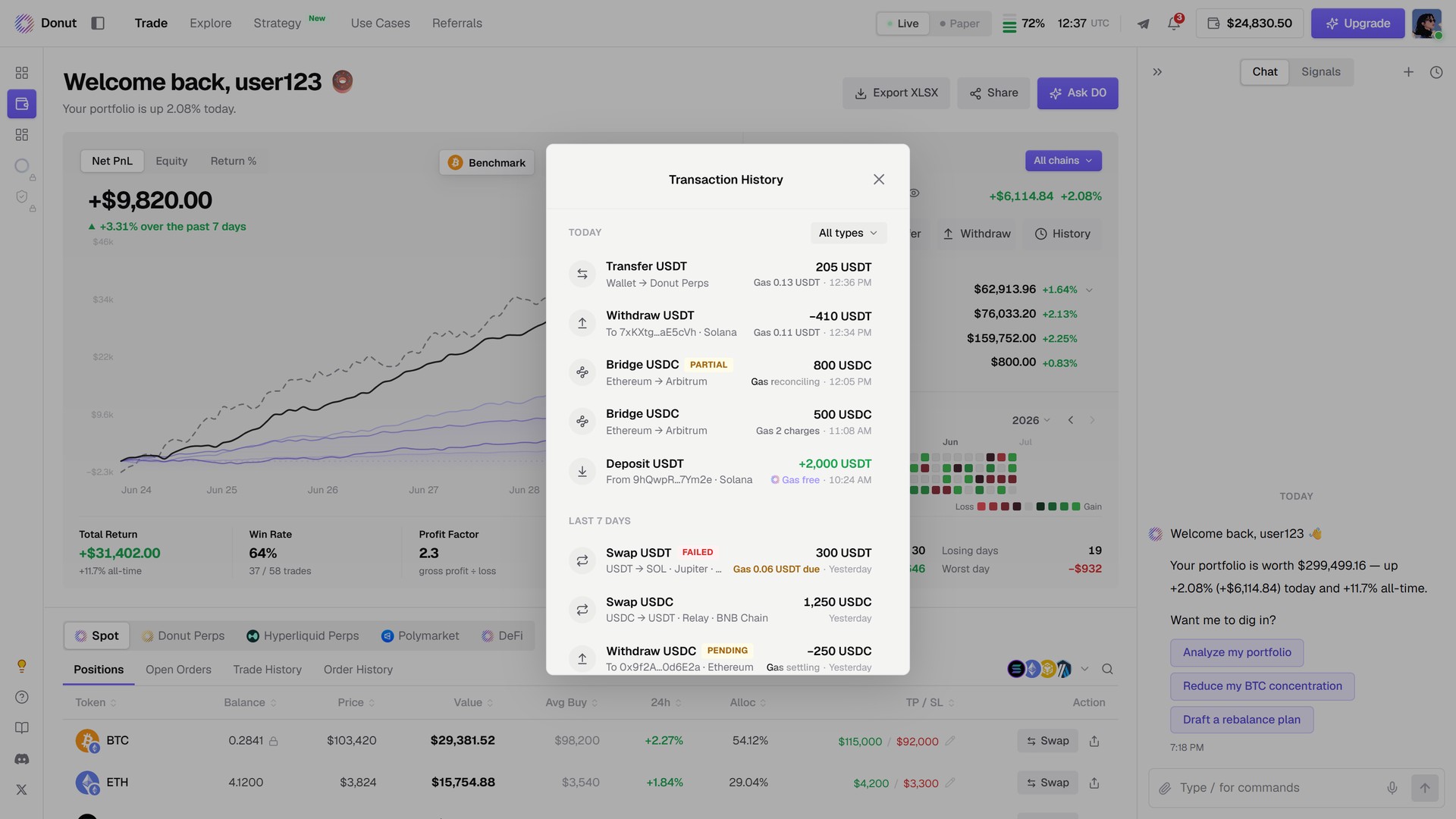 The Transaction History panel
