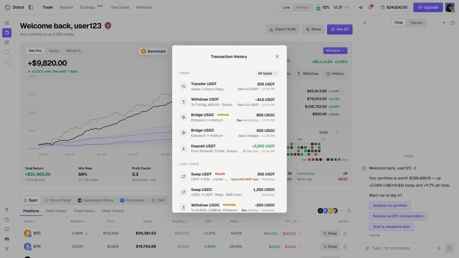 The Transaction History panel