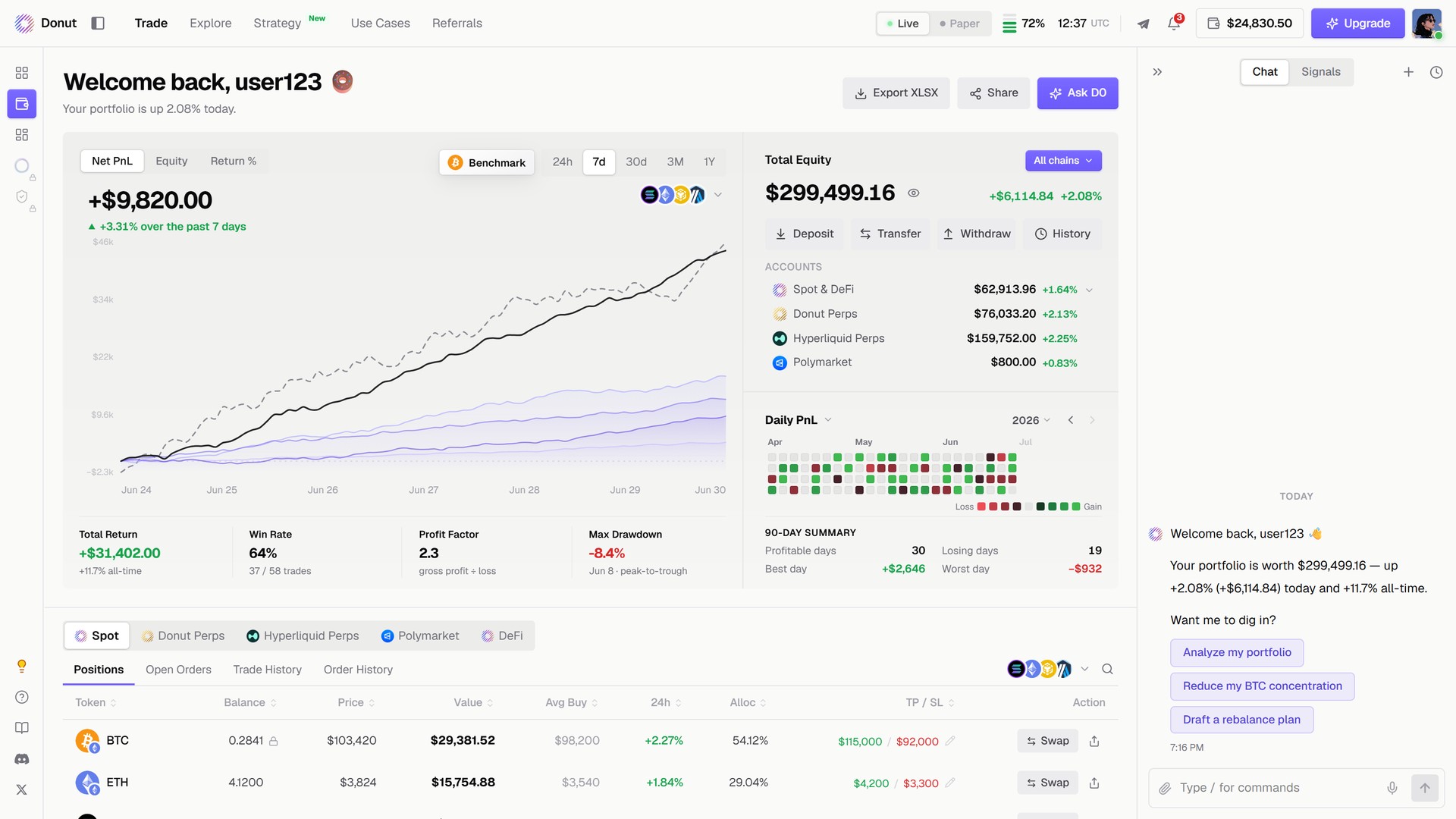 The Portfolio page with the equity chart, performance cards, accounts panel, daily PnL calendar, and positions