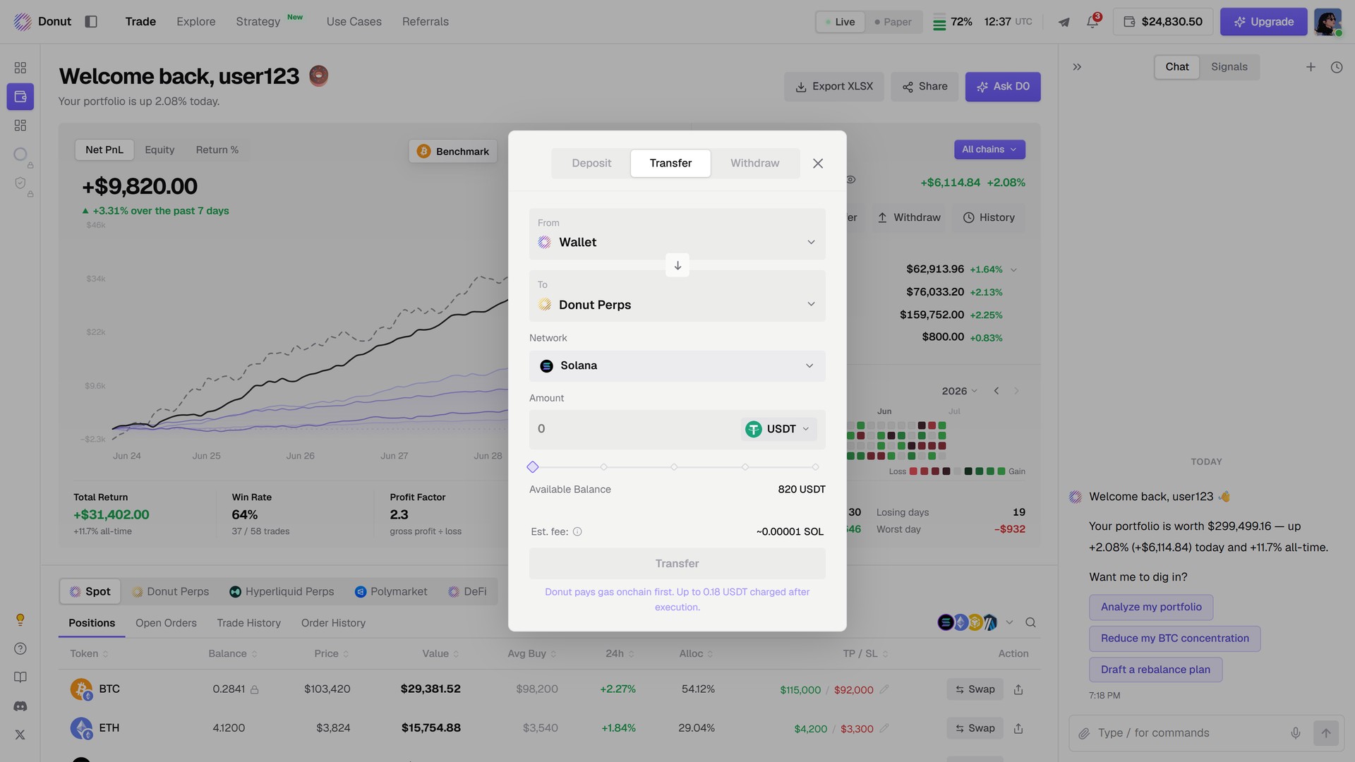 The Transfer modal with From, To, Network, and Amount