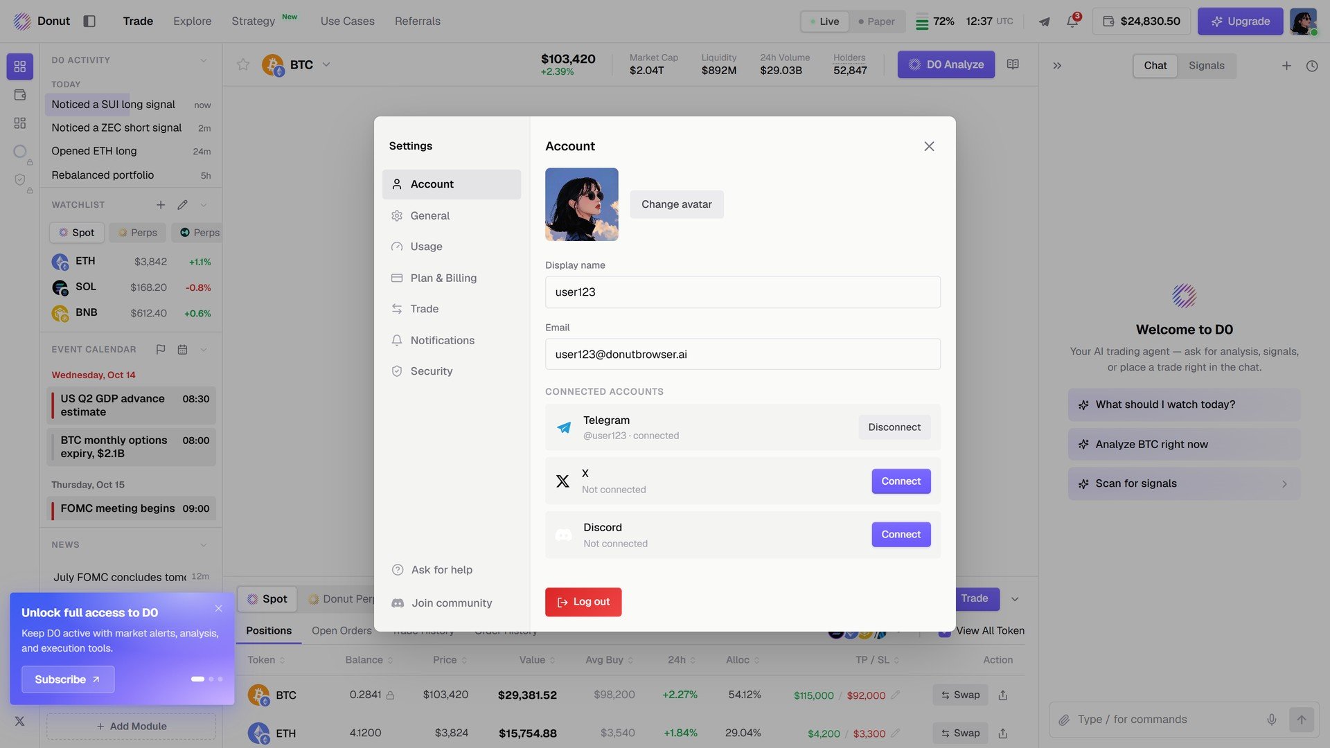 Settings, Account: display name, email, connected accounts