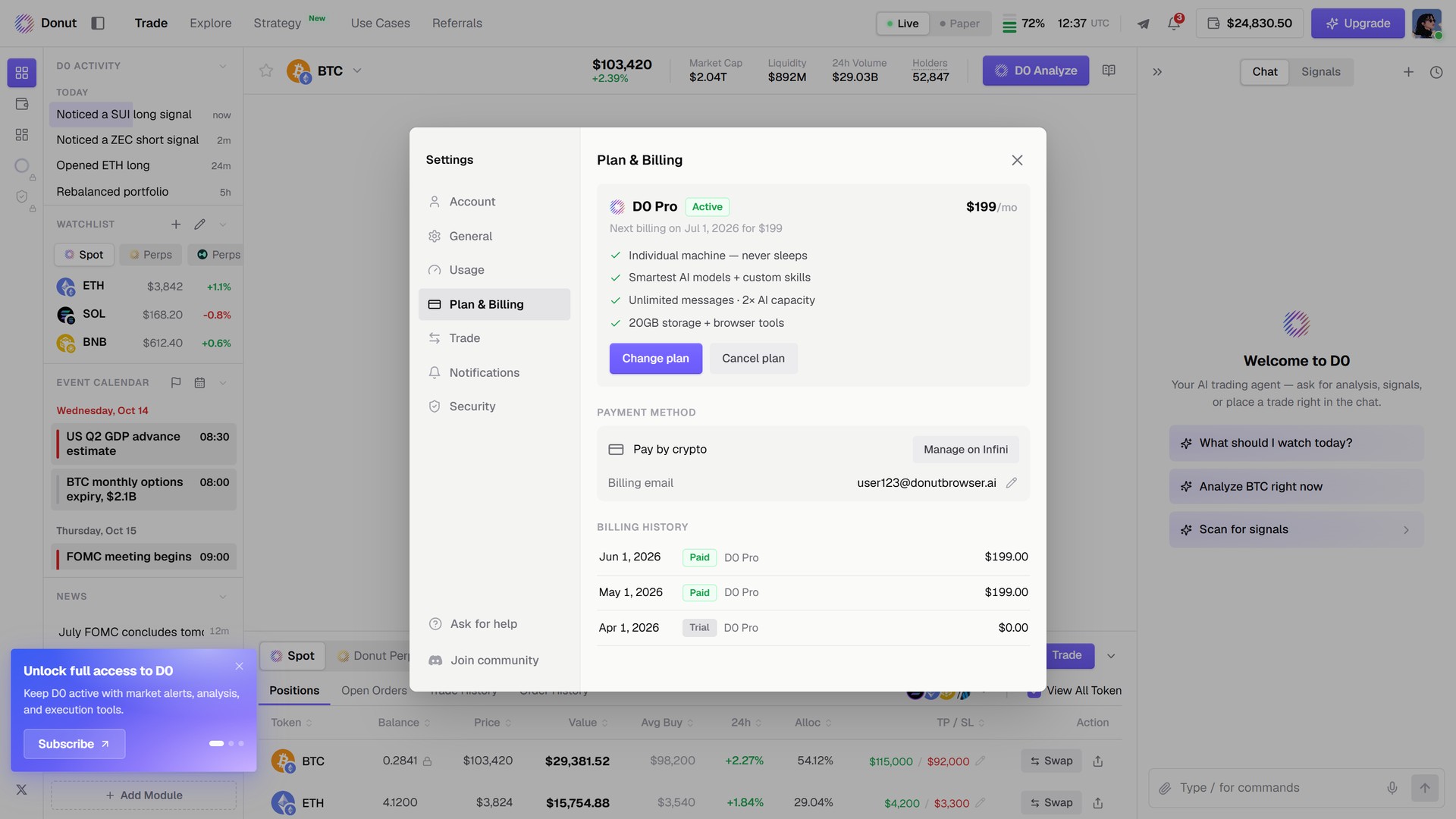Settings, Plan & Billing