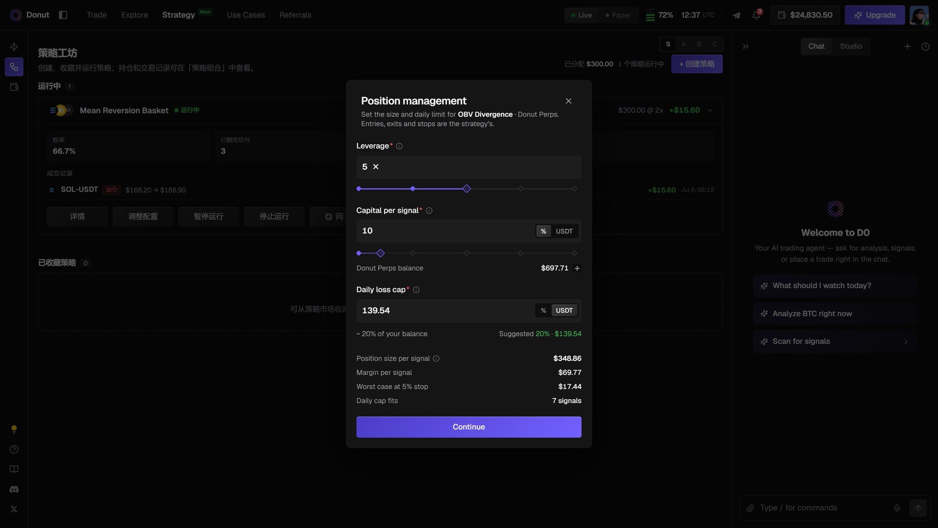The Position management modal with Leverage, Capital per signal, Daily loss cap, and the computed values