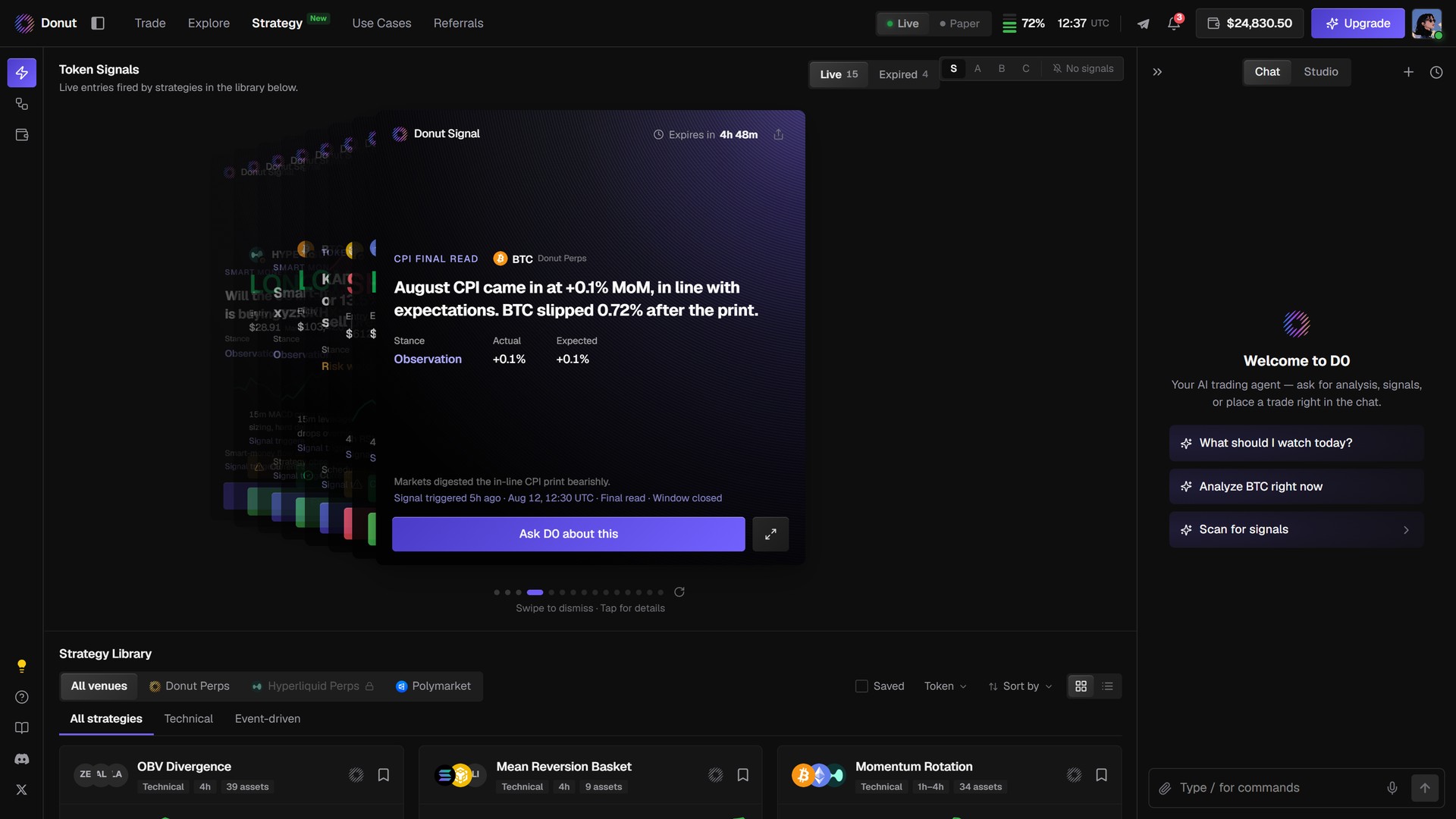 Strategy 页，含 Token Signals 卡组和策略库网格