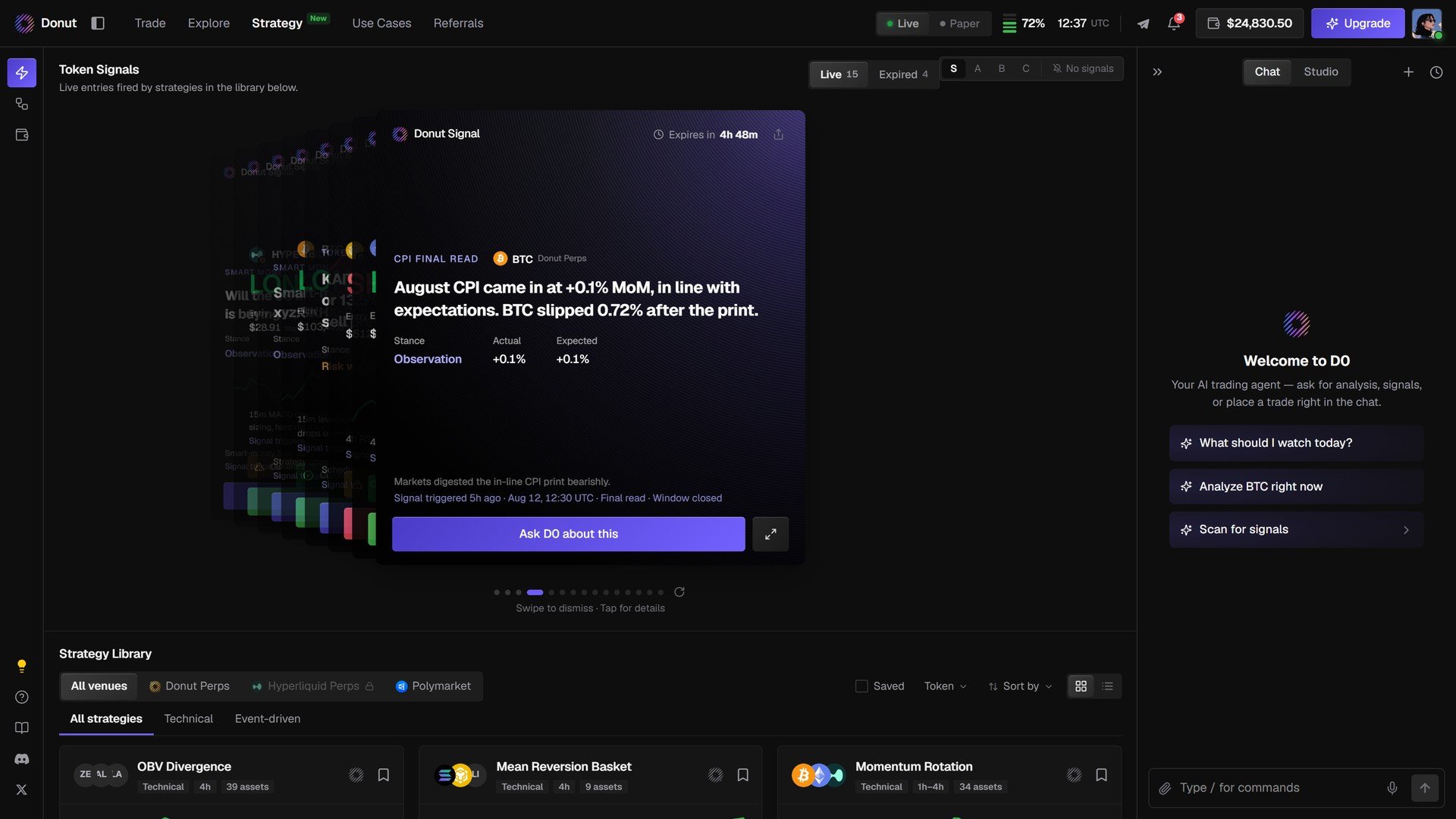 Strategy 页,含 Token Signals 卡组和策略库网格