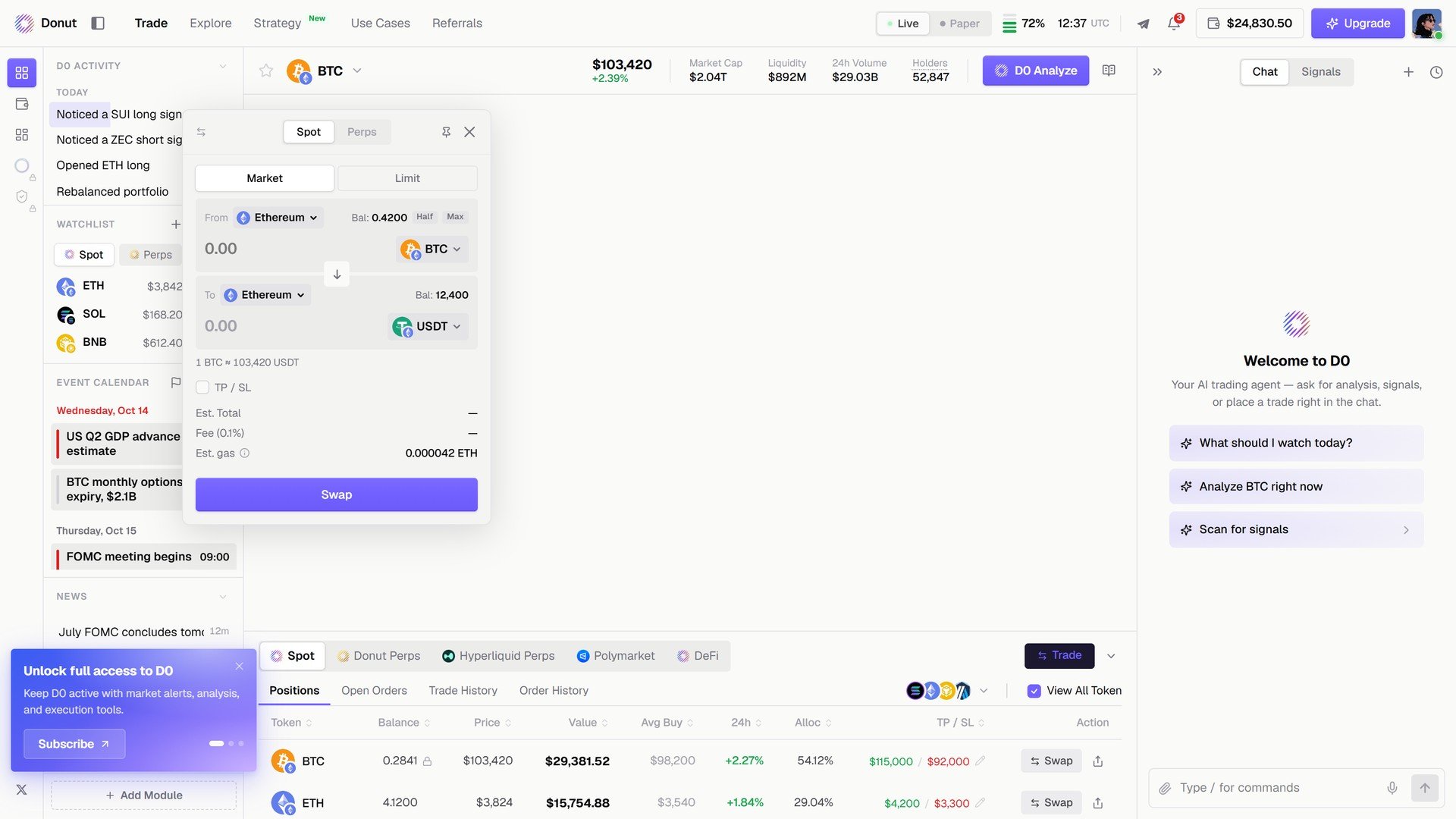 The Spot order modal with From, To, Half and Max, TP/SL, Est. Total, Fee, and Est. gas