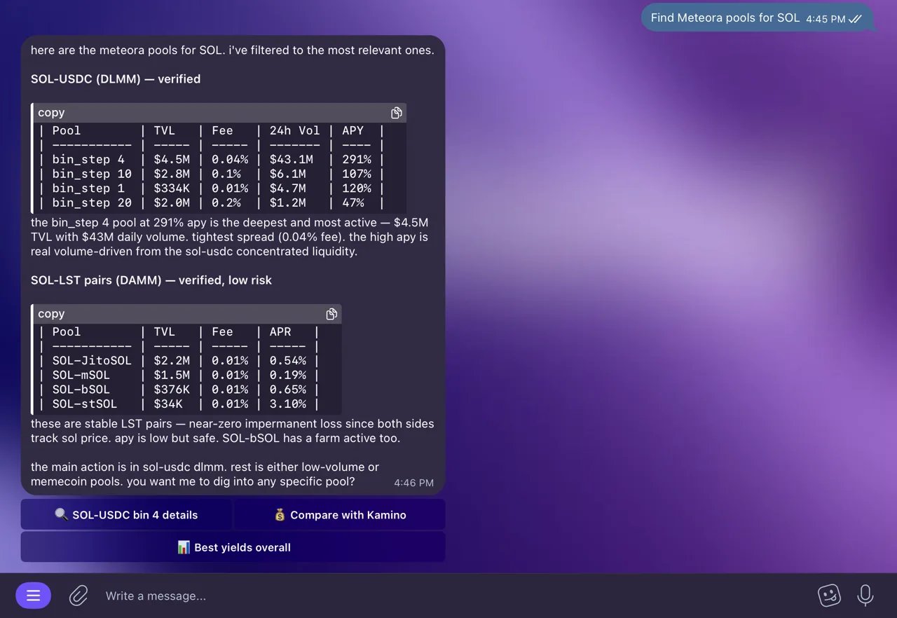 Meteora pools for SOL in Telegram