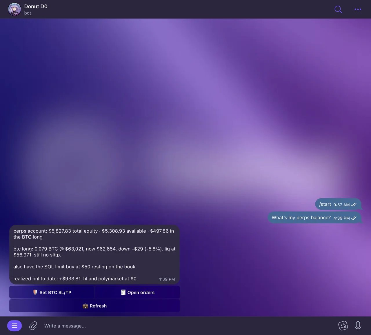Perps account balance in Telegram