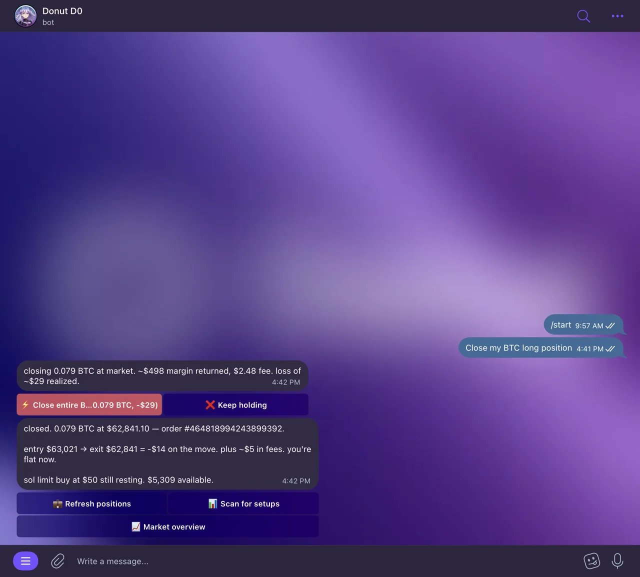 Opening a perps position in Telegram