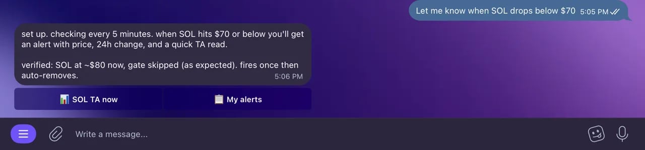 Setting a price alert in Telegram