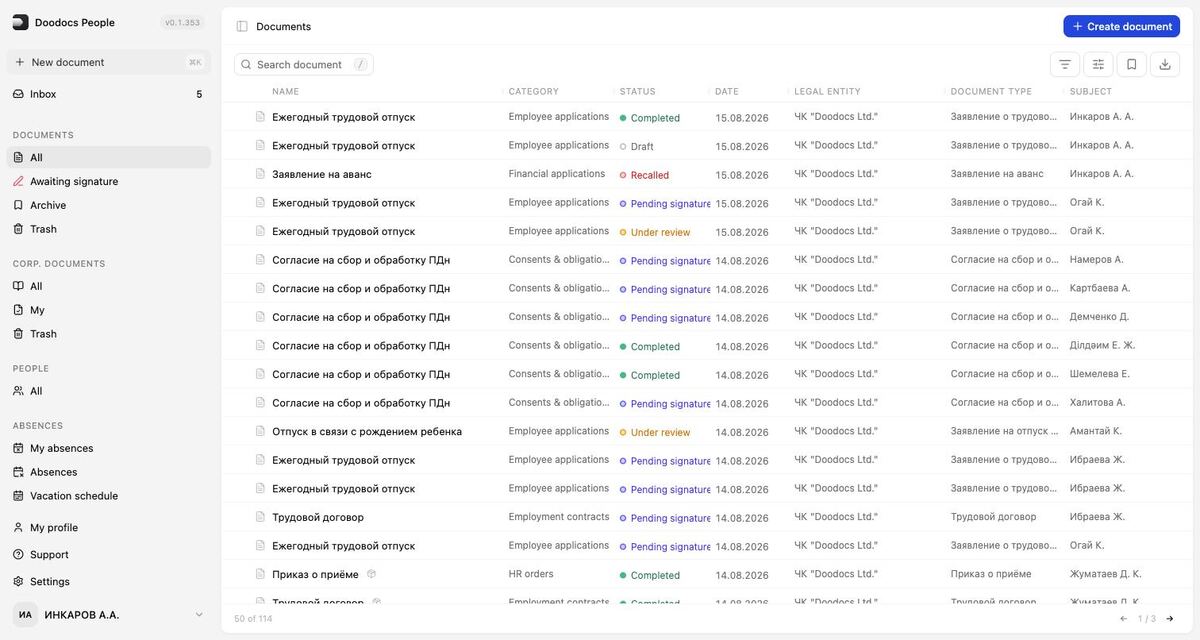 Documents → All: statuses and search