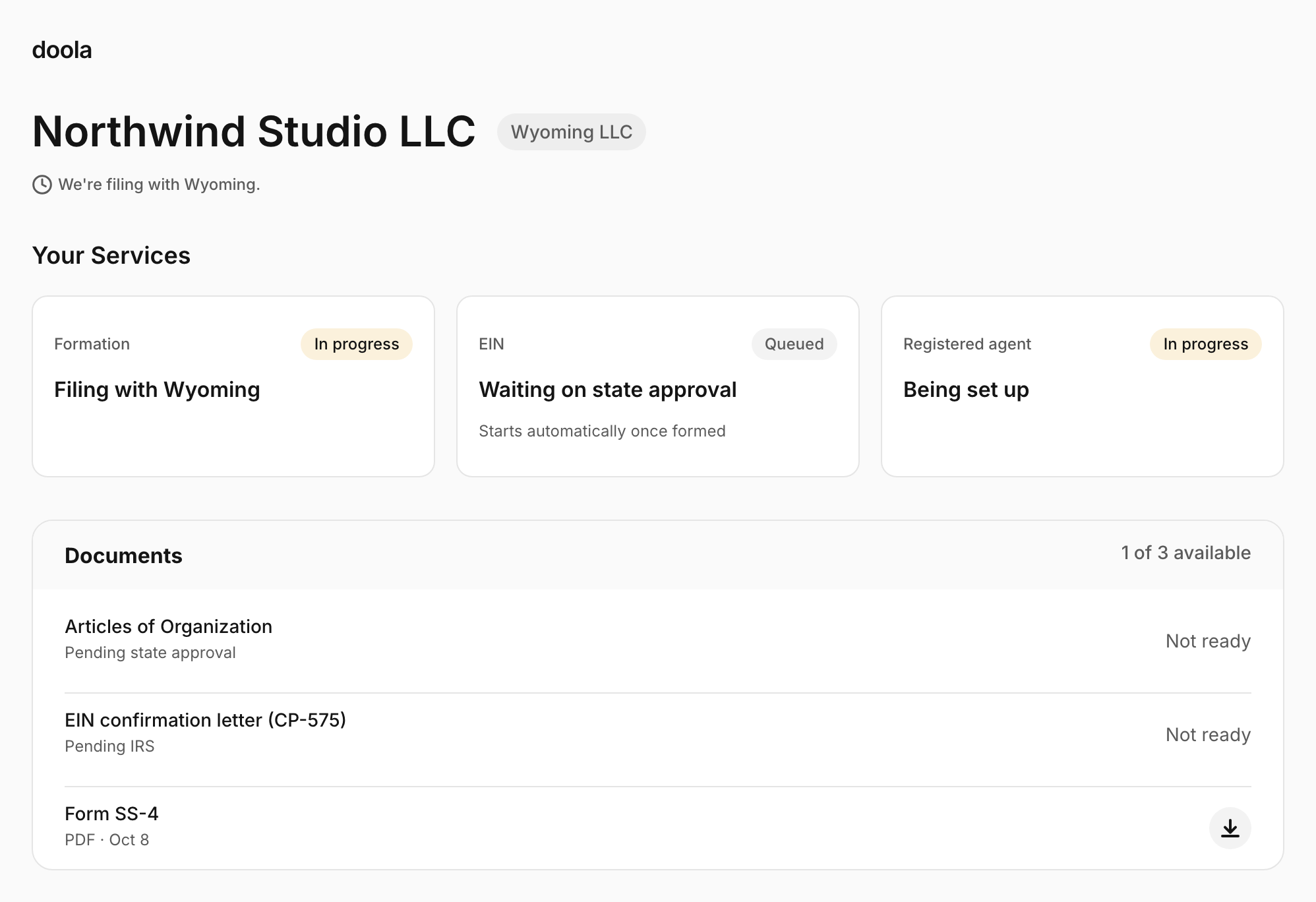 The company dashboard with service cards and a documents list