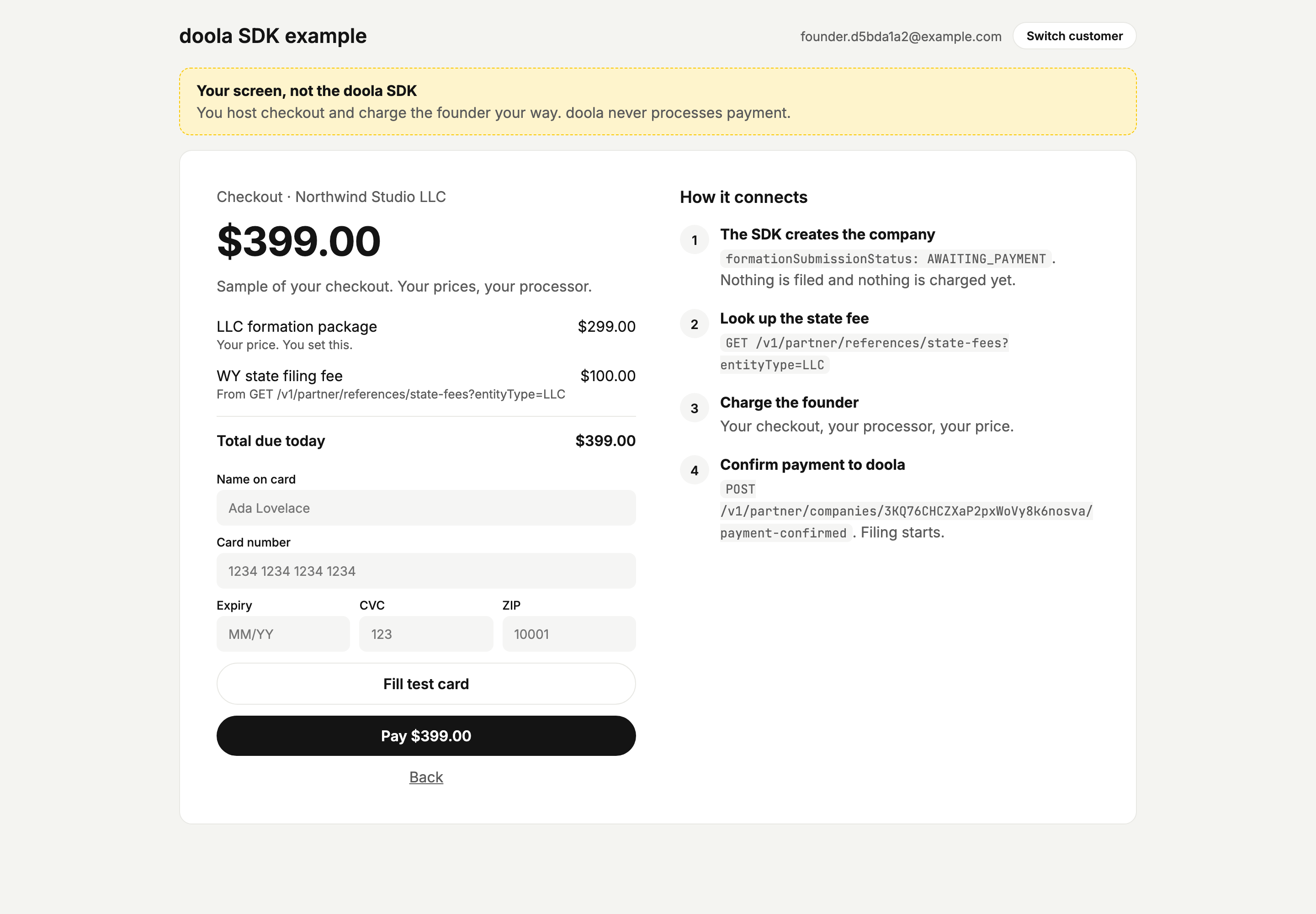 A checkout listing an LLC formation package at the partner's price, the Wyoming state filing fee and the total