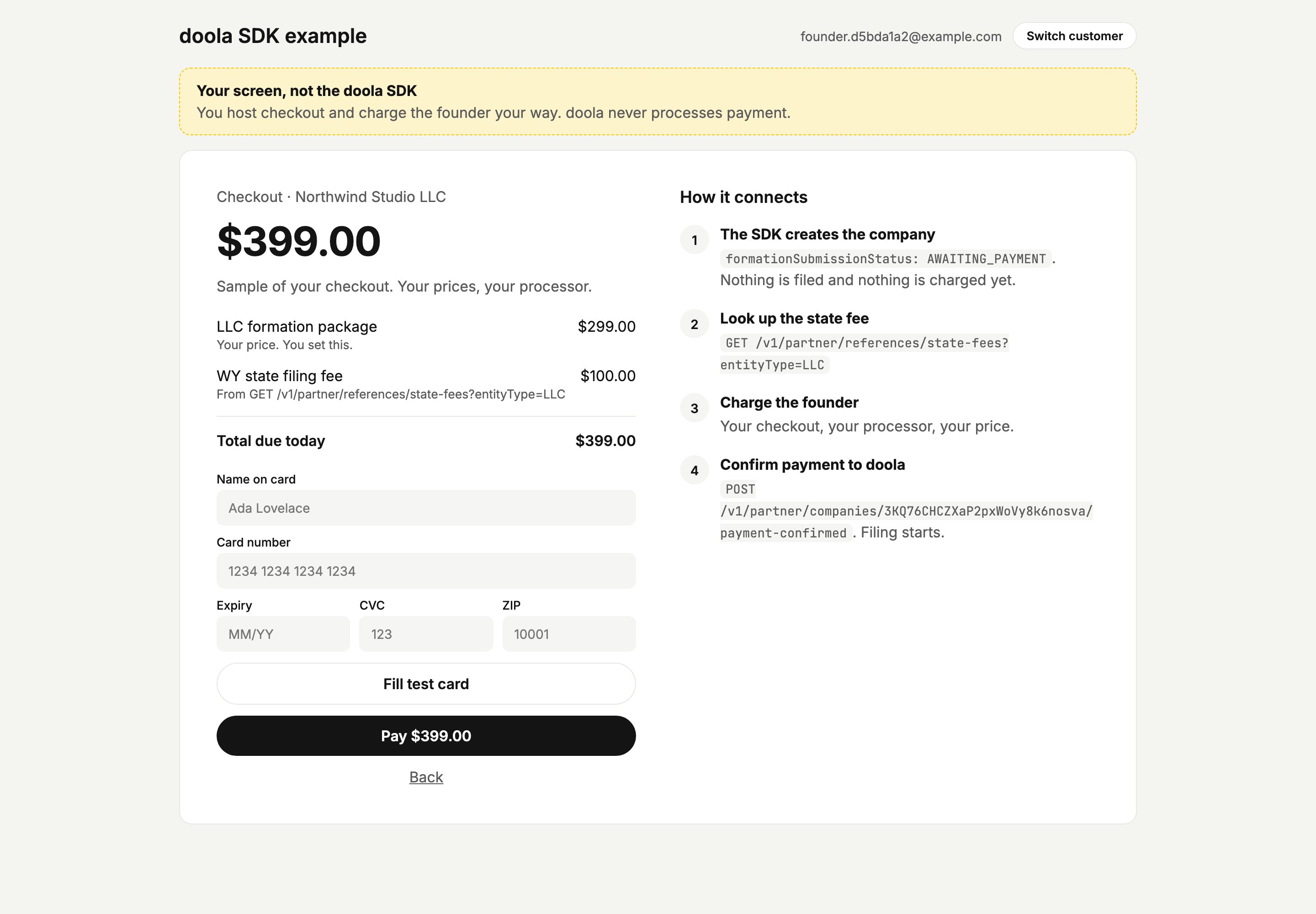 A partner's checkout screen showing the formation package, the state filing fee and a card form
