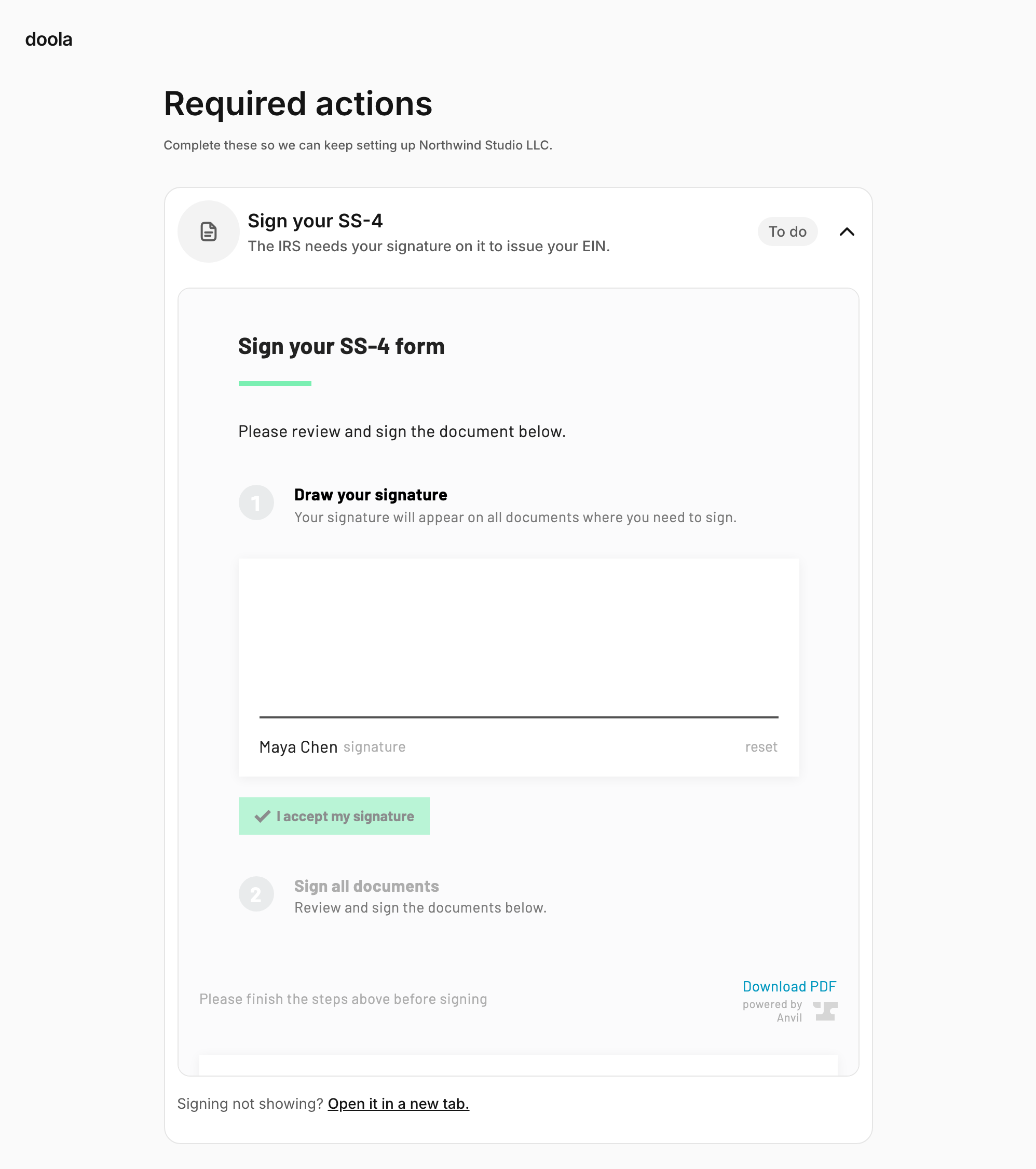 The Required actions screen with an embedded SS-4 signing panel
