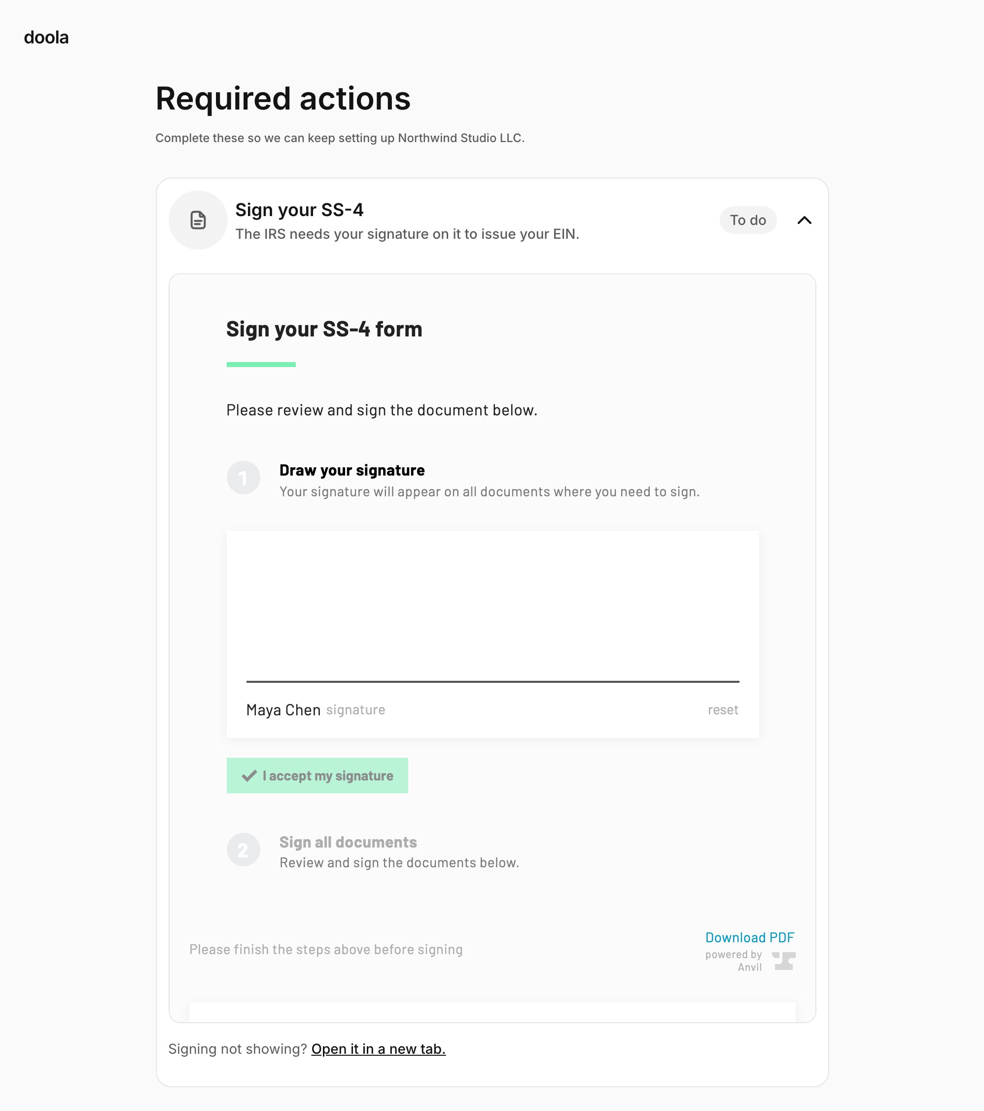 The Required actions screen with an embedded SS-4 signing panel