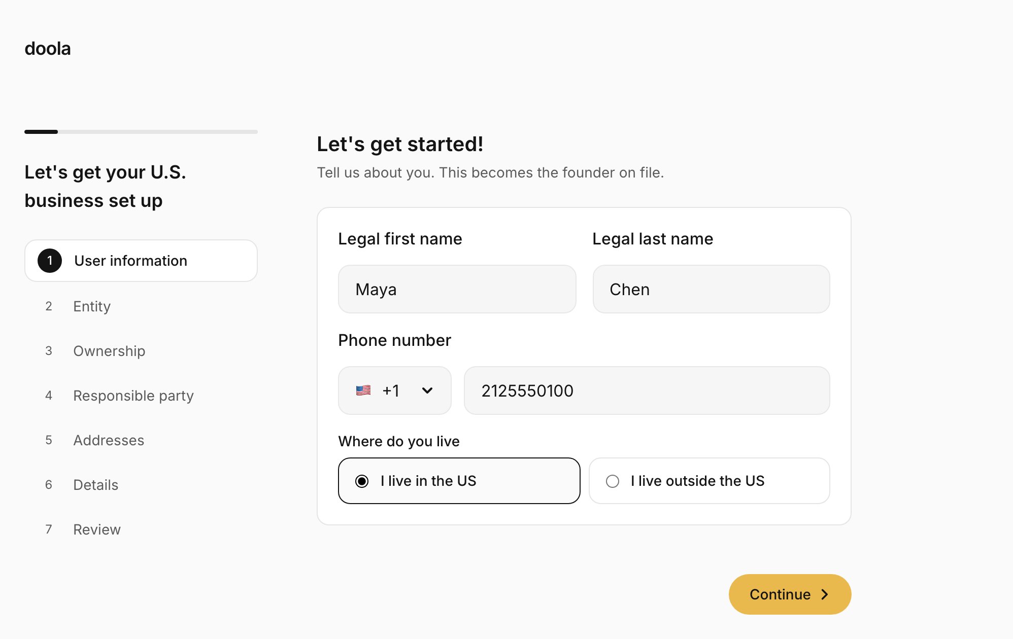The User information step: legal first and last name, a phone number with a country code picker, and where the founder lives