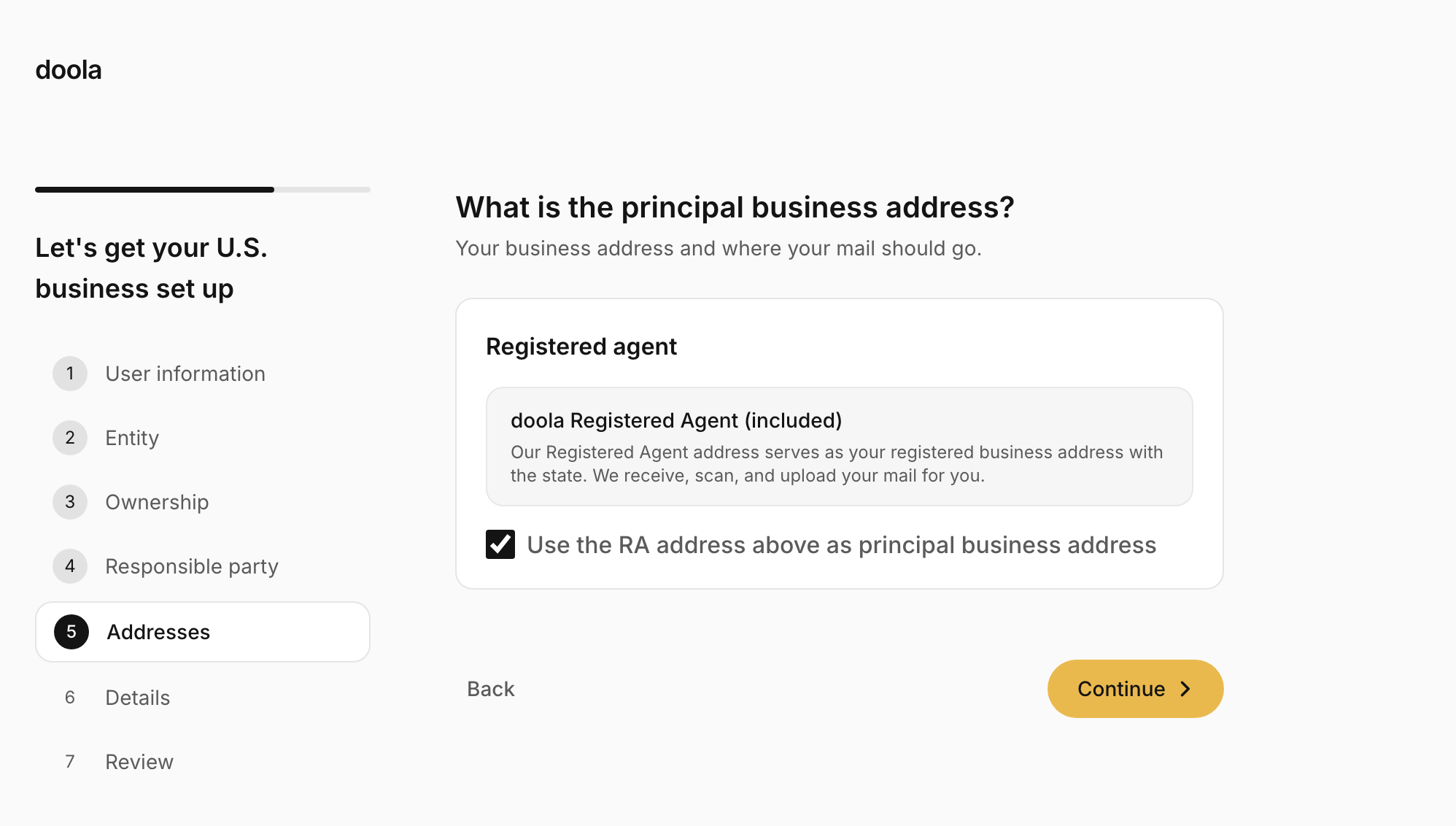 The Addresses step: the included registered agent and a ticked box to use its address as the principal business address