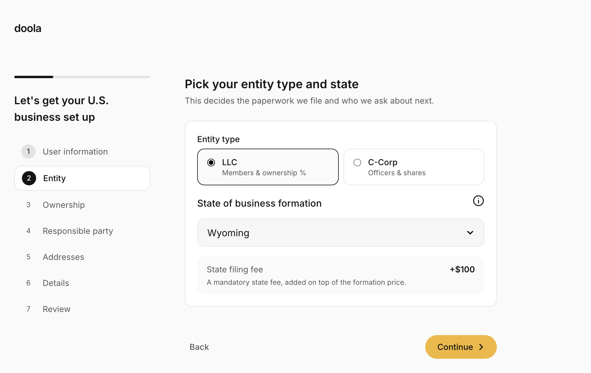The Entity step with LLC and C-Corp options and the state picker