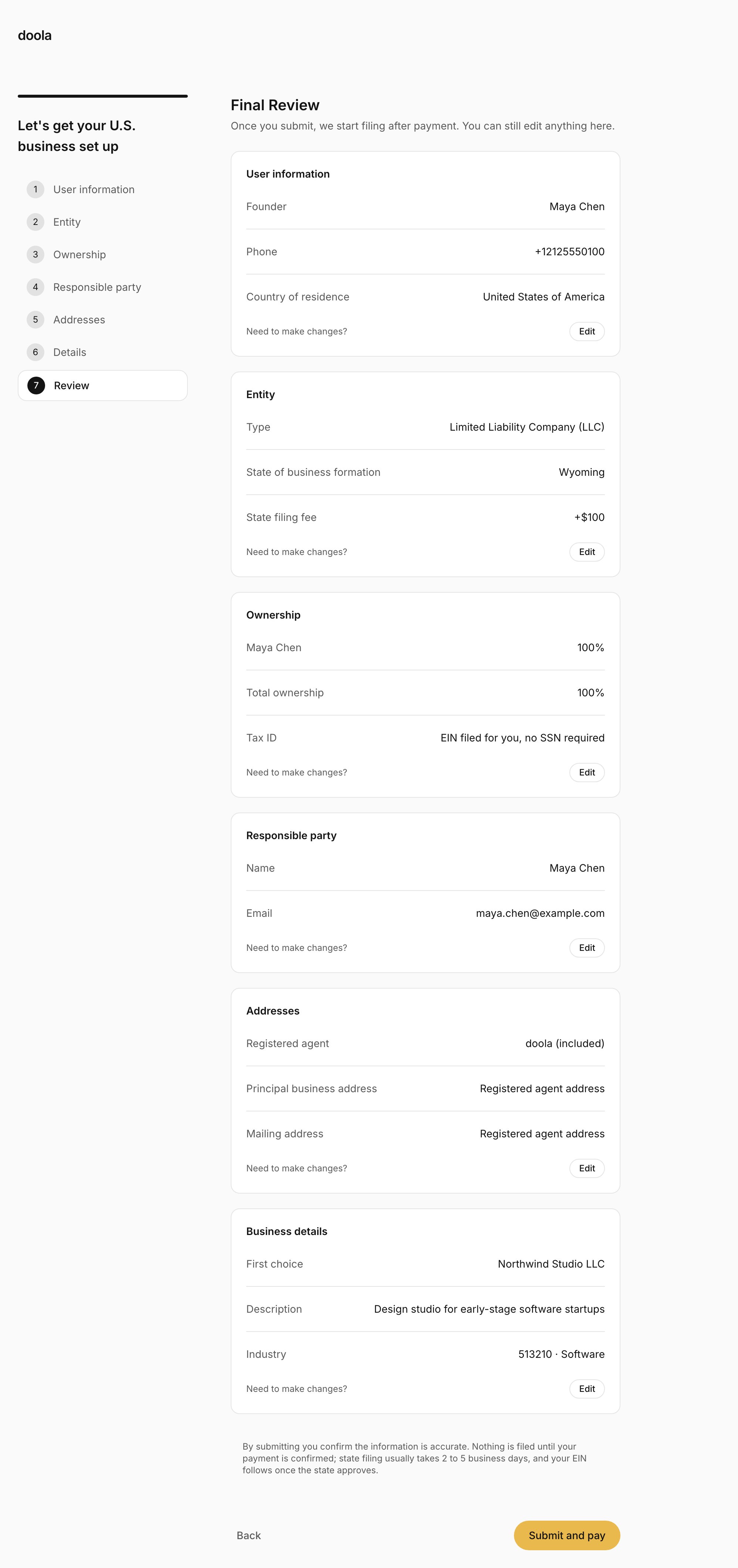 The Final Review step listing every section with Edit buttons and a Submit and pay button