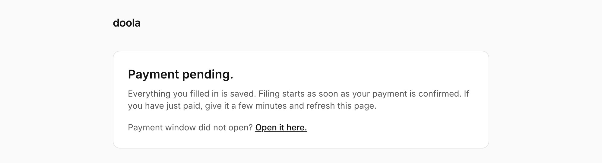 A card reading Payment pending with a link to open the payment window