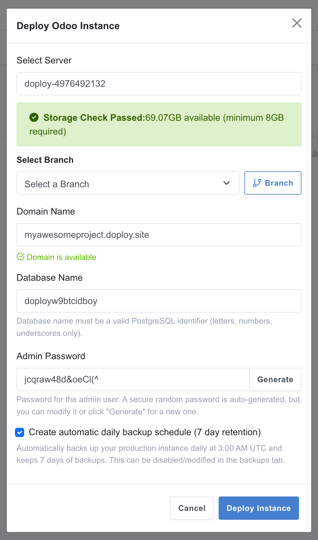 Deploy Instance Modal