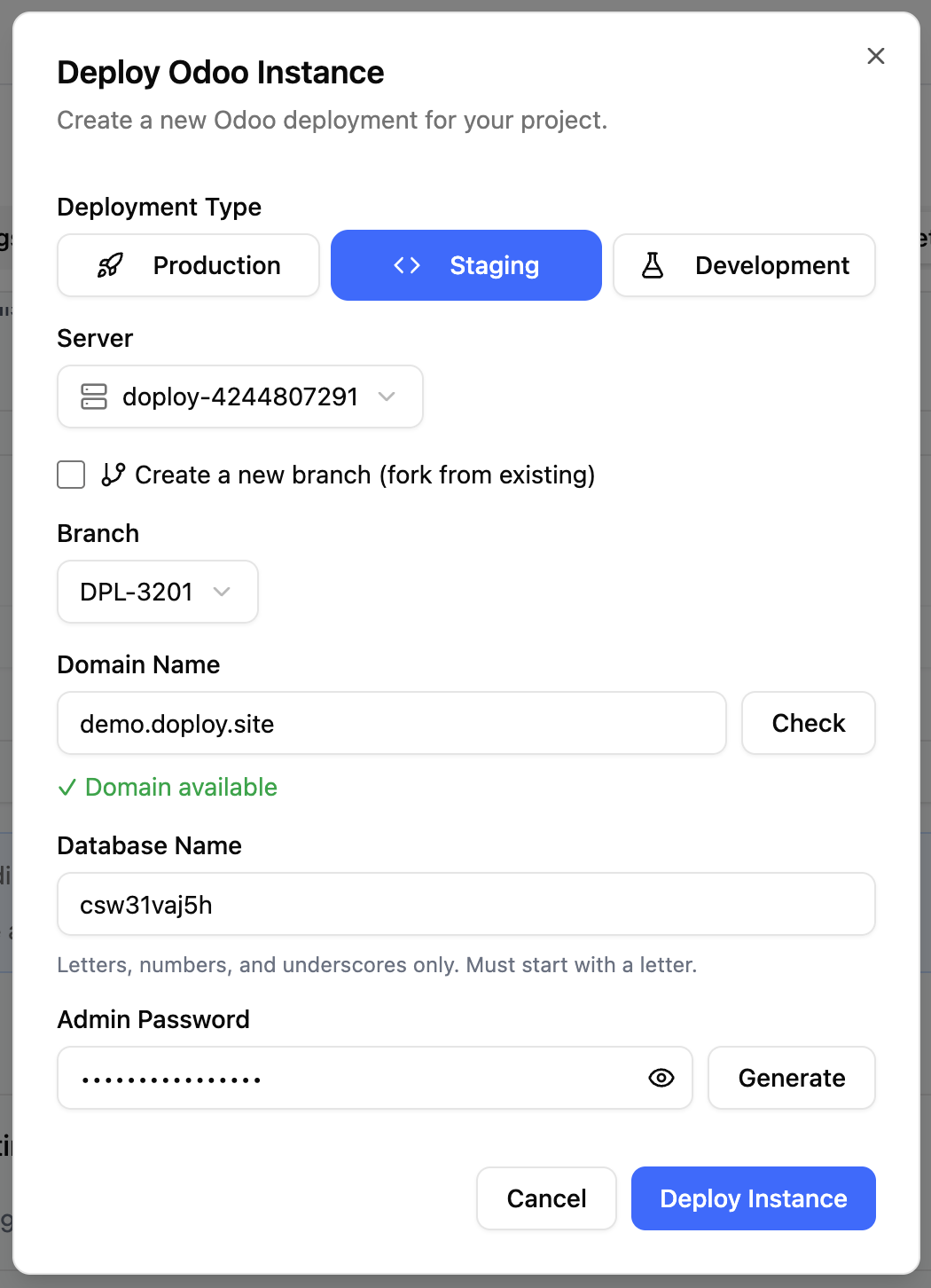 Deploy Instance Modal