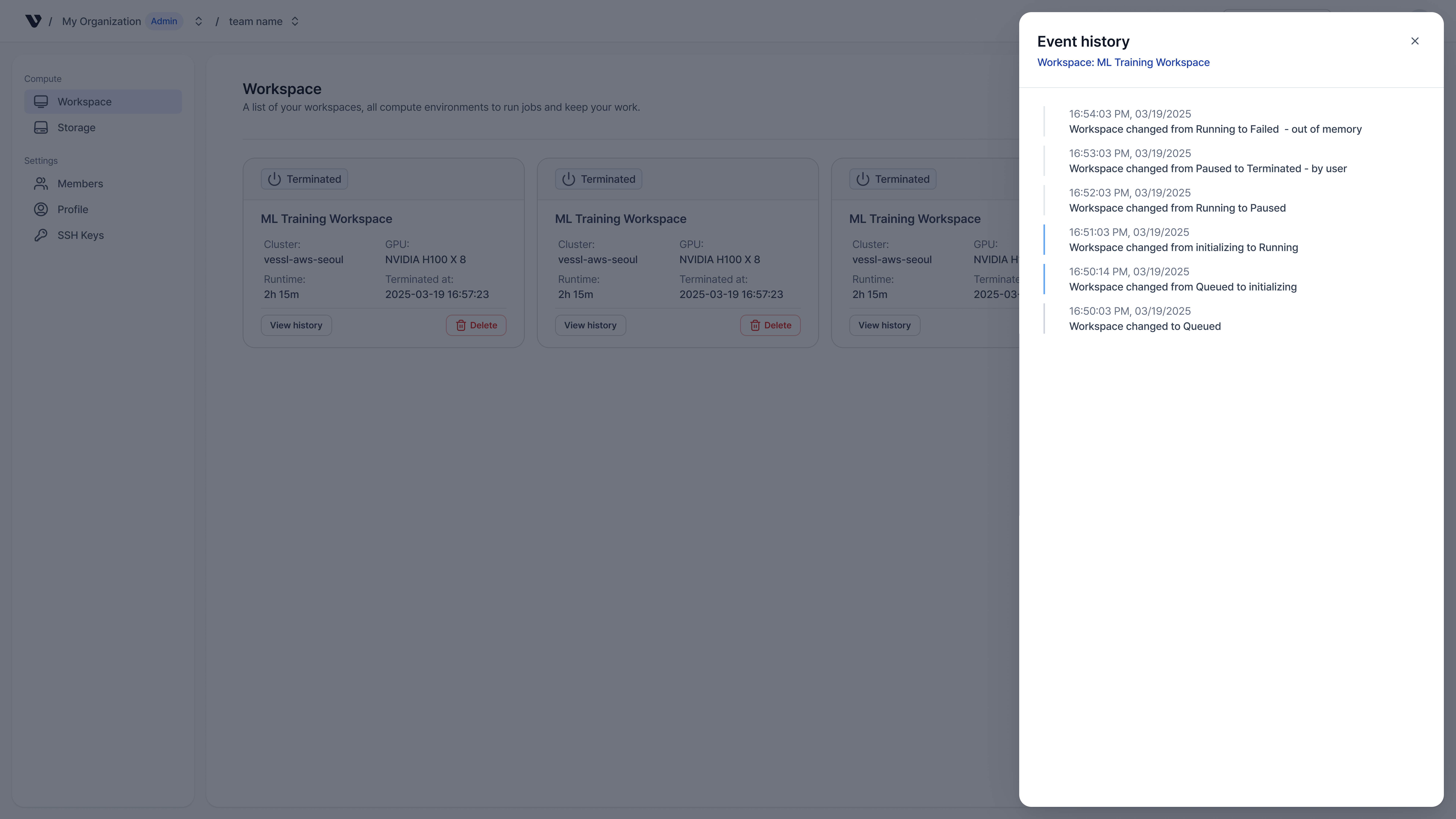 Workspace event history screenshot