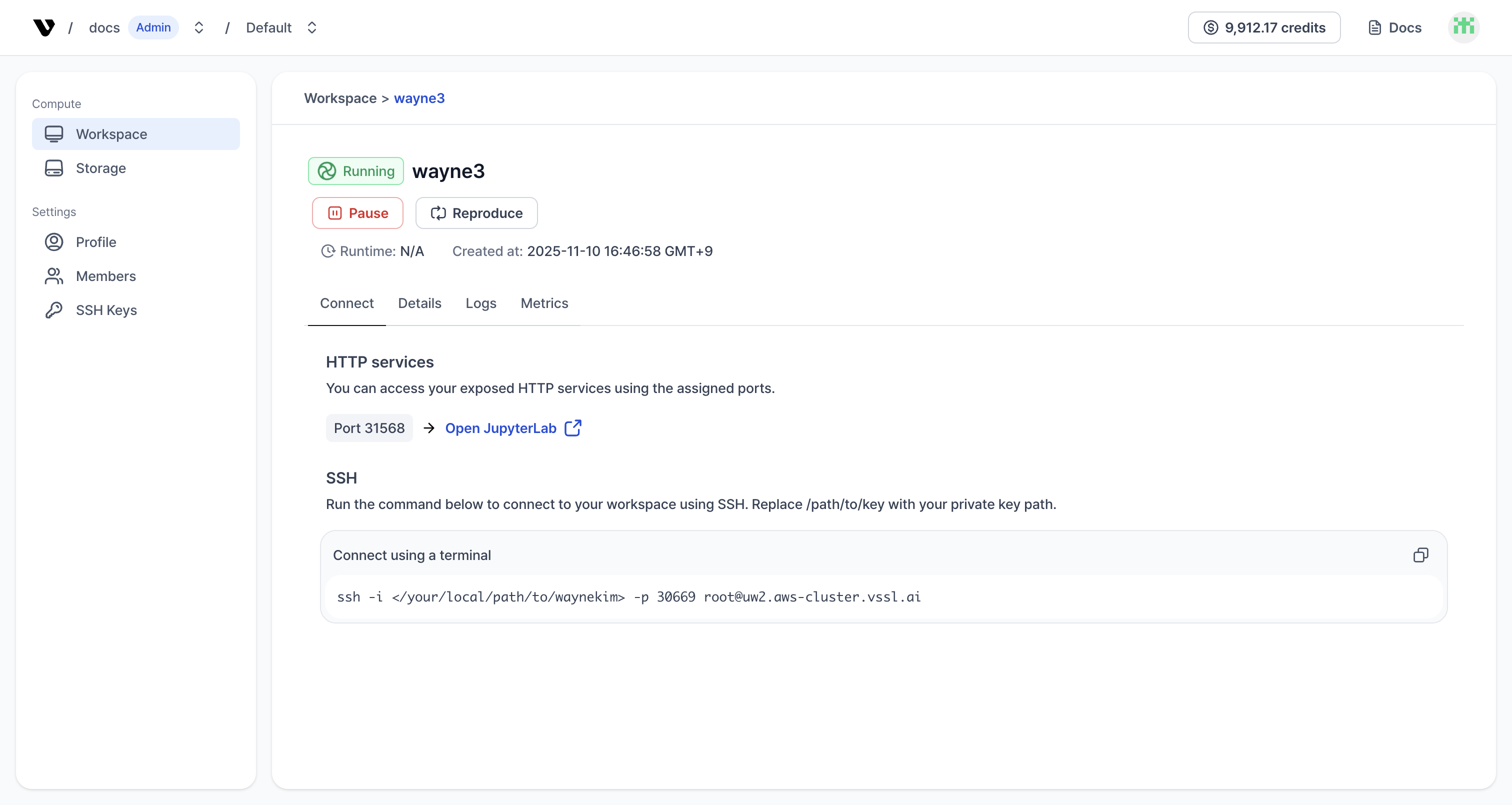 Workspace SSH connection screenshot