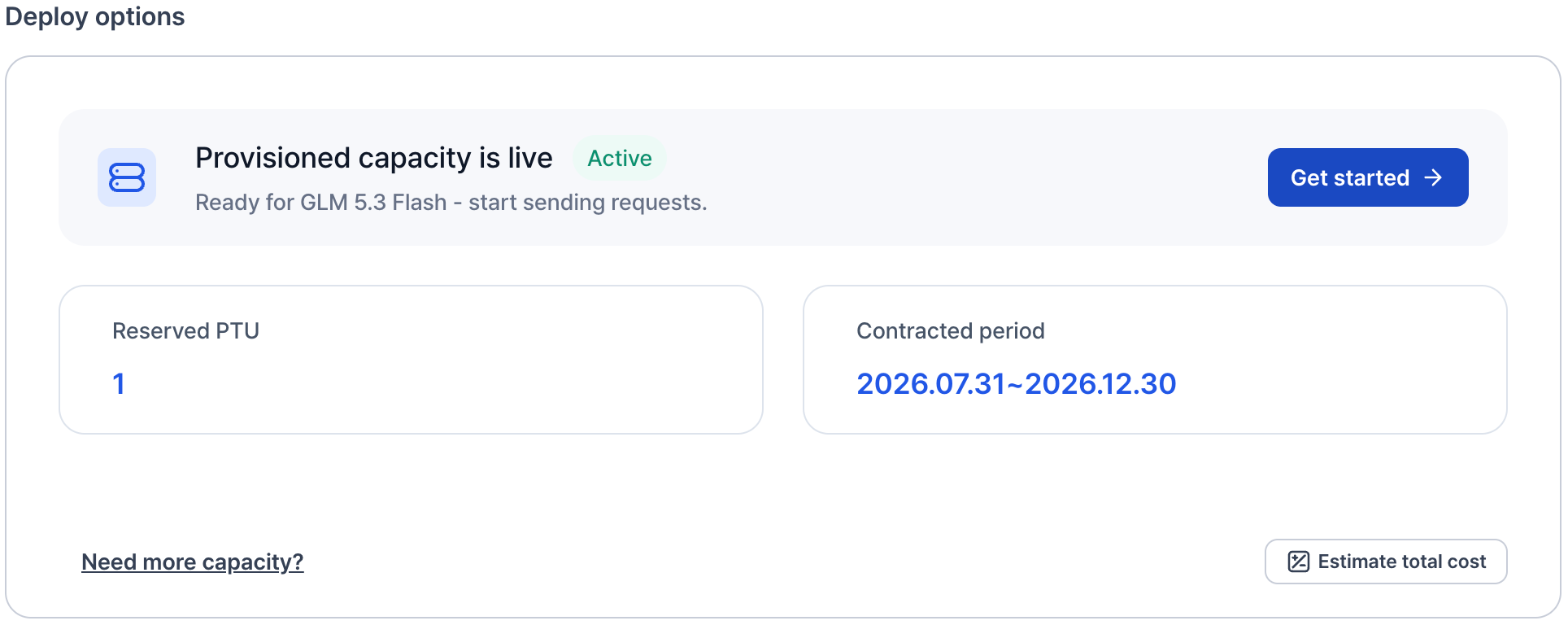 Deploy options 카드: Active 배지가 붙은 Provisioned capacity is live와 Get started 버튼, 그 아래 예약한 PTU 수량과 계약 기간, 그리고 Need more capacity? 링크와 Estimate total cost 버튼