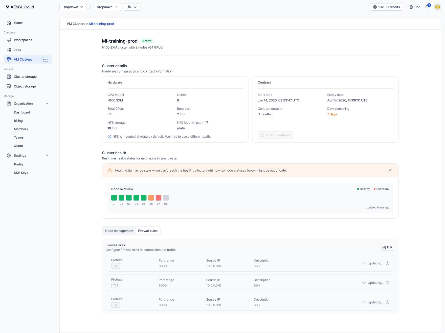 Cluster detail page with the Firewall rules tab selected, showing rules with protocol, port range, source IP, and description, plus an Edit button