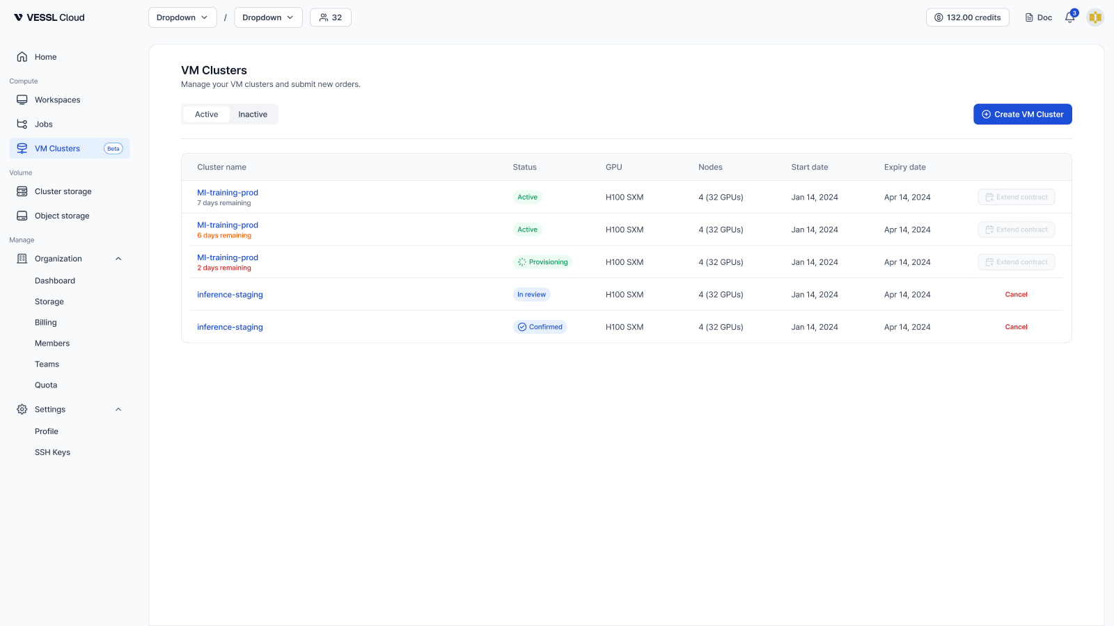 VM Clusters page listing active, provisioning, in review, and confirmed clusters with GPU, nodes, and contract dates